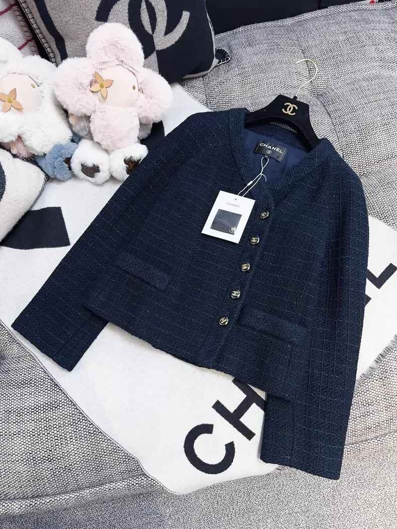 Chanel 23P navy blue and black tweed jacket