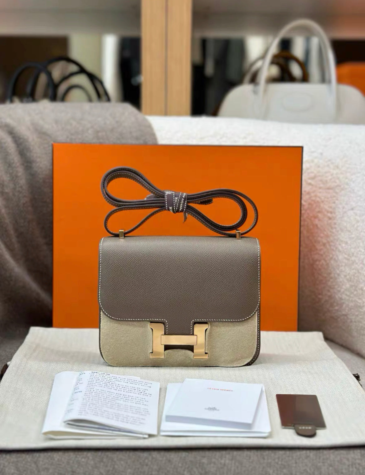 Hermes Constance mini Mirror Etoupe grey Epsom leather Rose gold