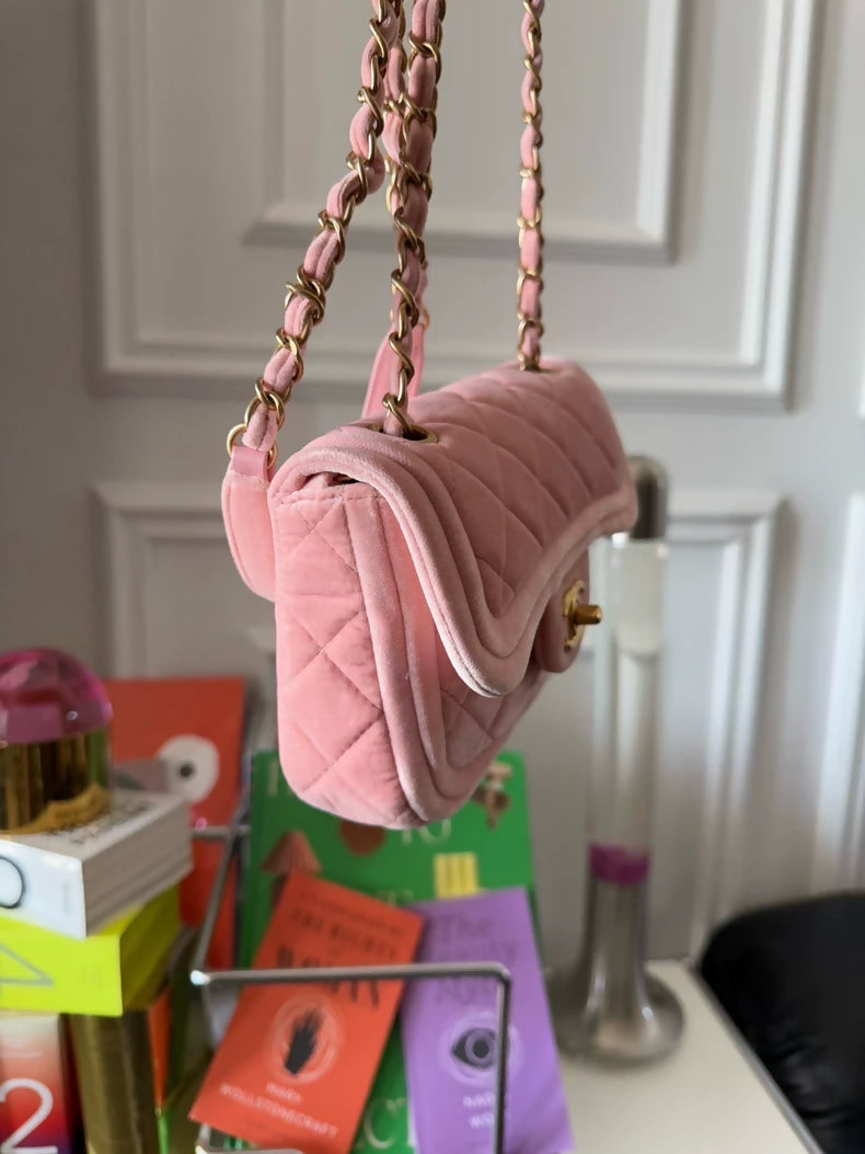 Chanel 22c Peach Pink Velvet Mini Flap Bag