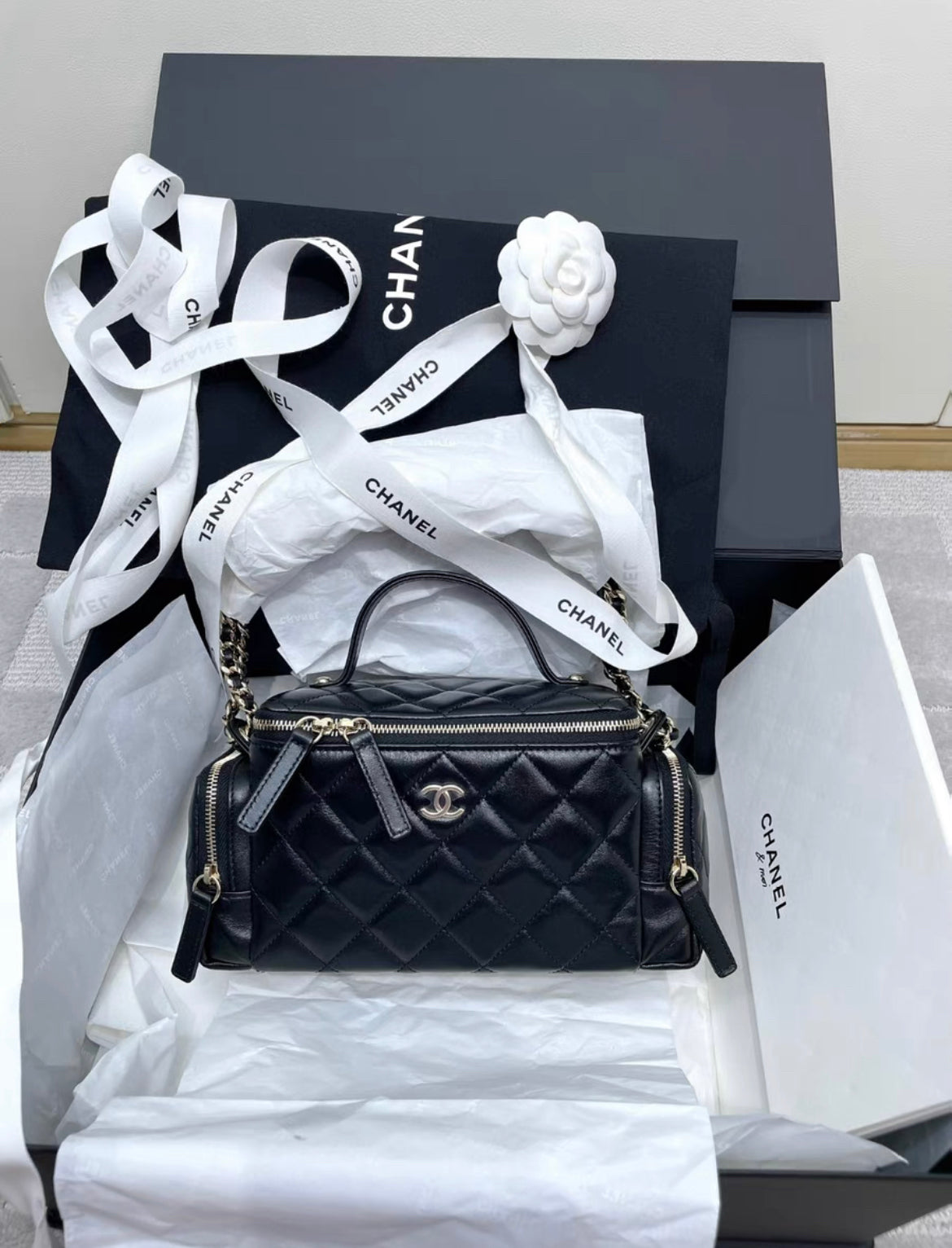 Chanel 24 CAMERA CASE Top Handle Handbag Black Lambskin leather