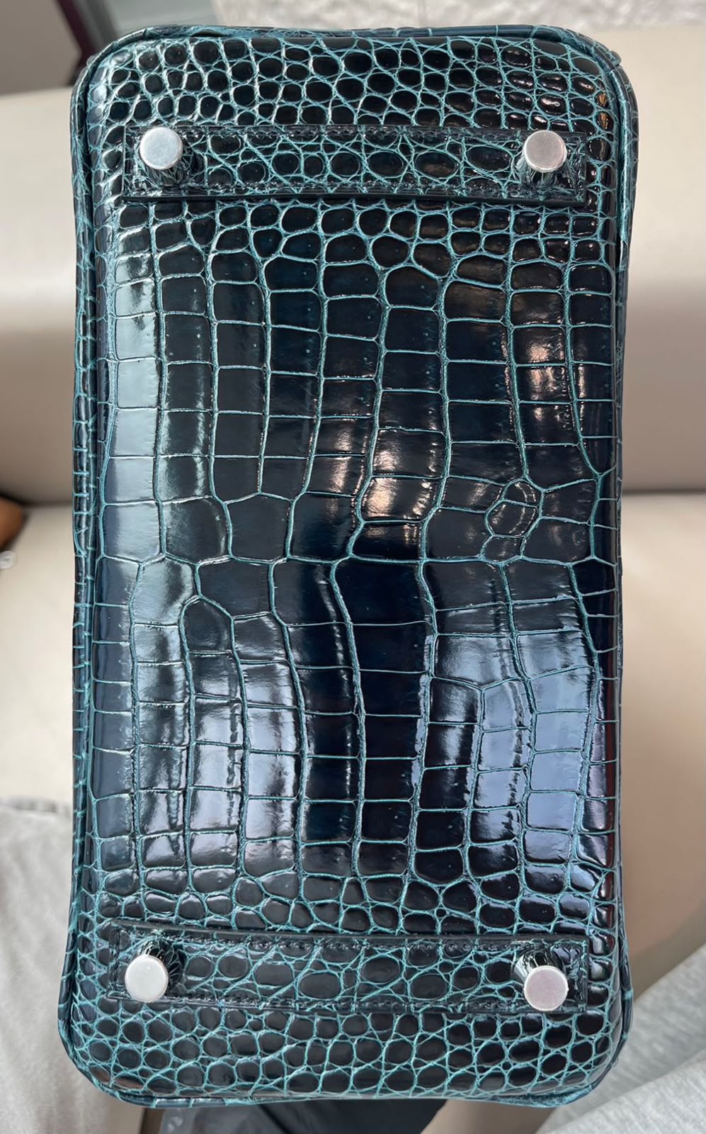 Hermes Birkin 25 Vert Rousseau Shiny porosus crocodile leather white gold diamond hardware