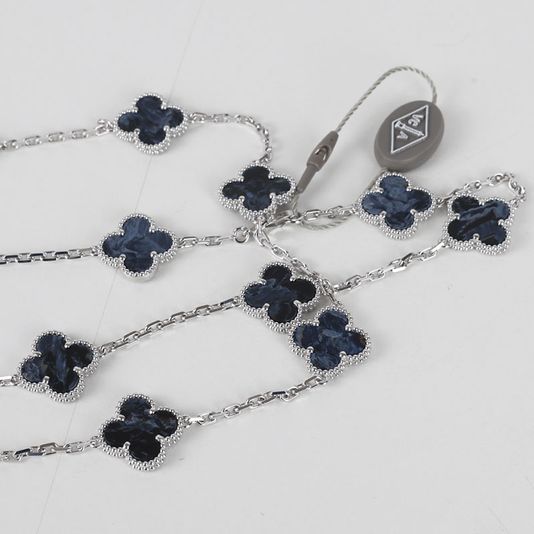 Van Cleef & Arpels 18K White Gold Pietersite Vintage Alhambra 20 Motifs Necklace