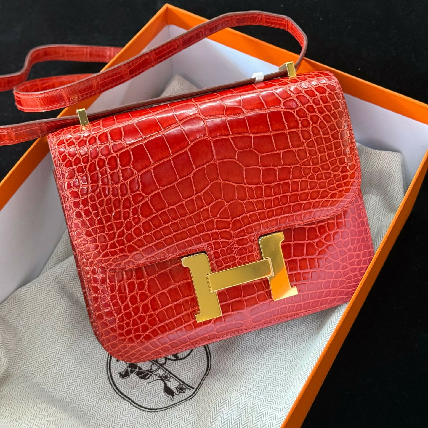 Hermès Constance 19 Rouge Agate Shiny Porosus Crocodile (^) with Gold Hardware