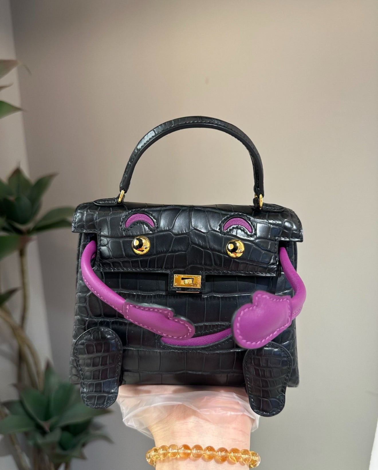 Hermes Kelly Doll Black & Anemone Purple Alligator Crocodile Gold