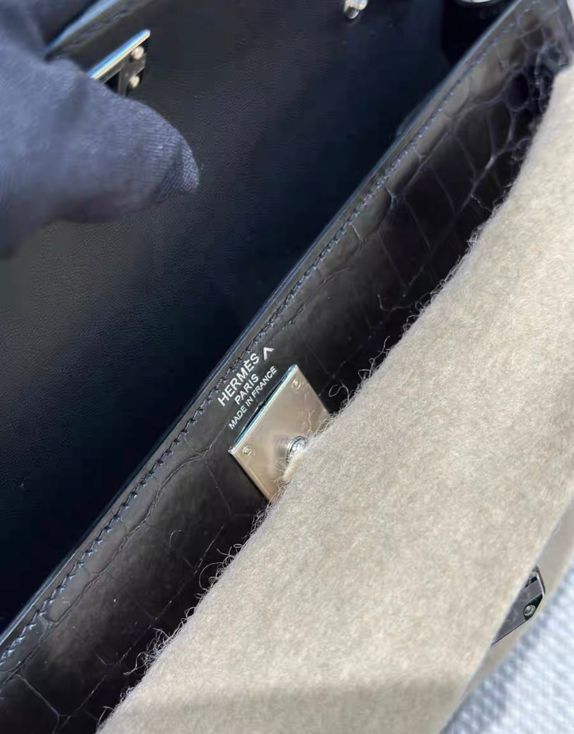 HERMES KELLY ELAN BLACK POROSUS CROCODILE SHOULDER BAG Brand New Stamp W