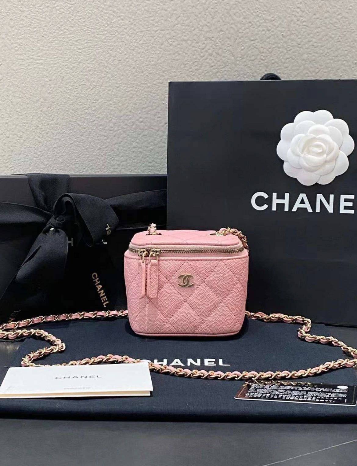CHANEL 20 Pink Quilted Caviar Leather Mini Vanity Case With Chain