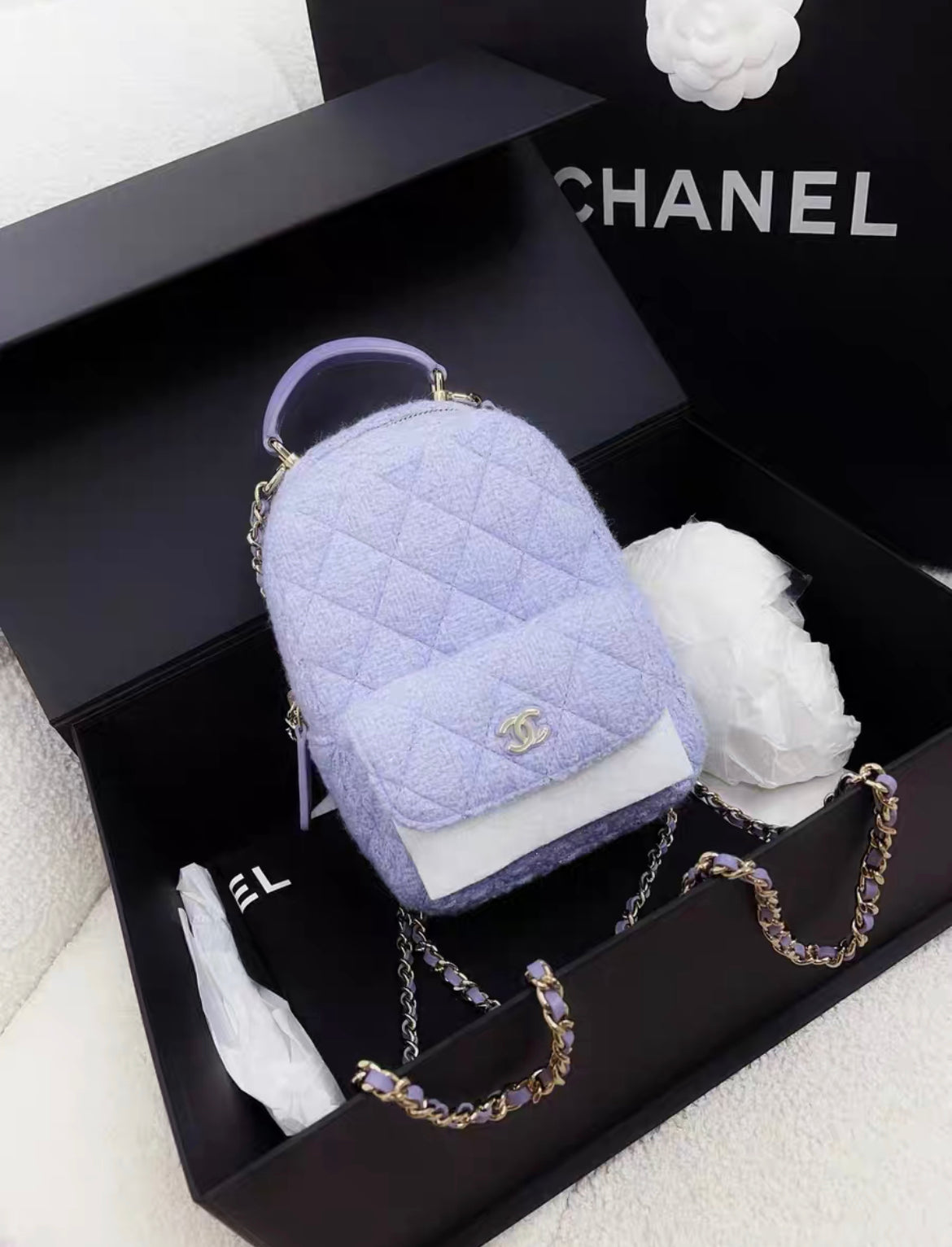 chanel white mini backpack Chanel 24A CLASSIC MINI BACKPACK Wool Tweed & Gold-Tone Metal Lilac