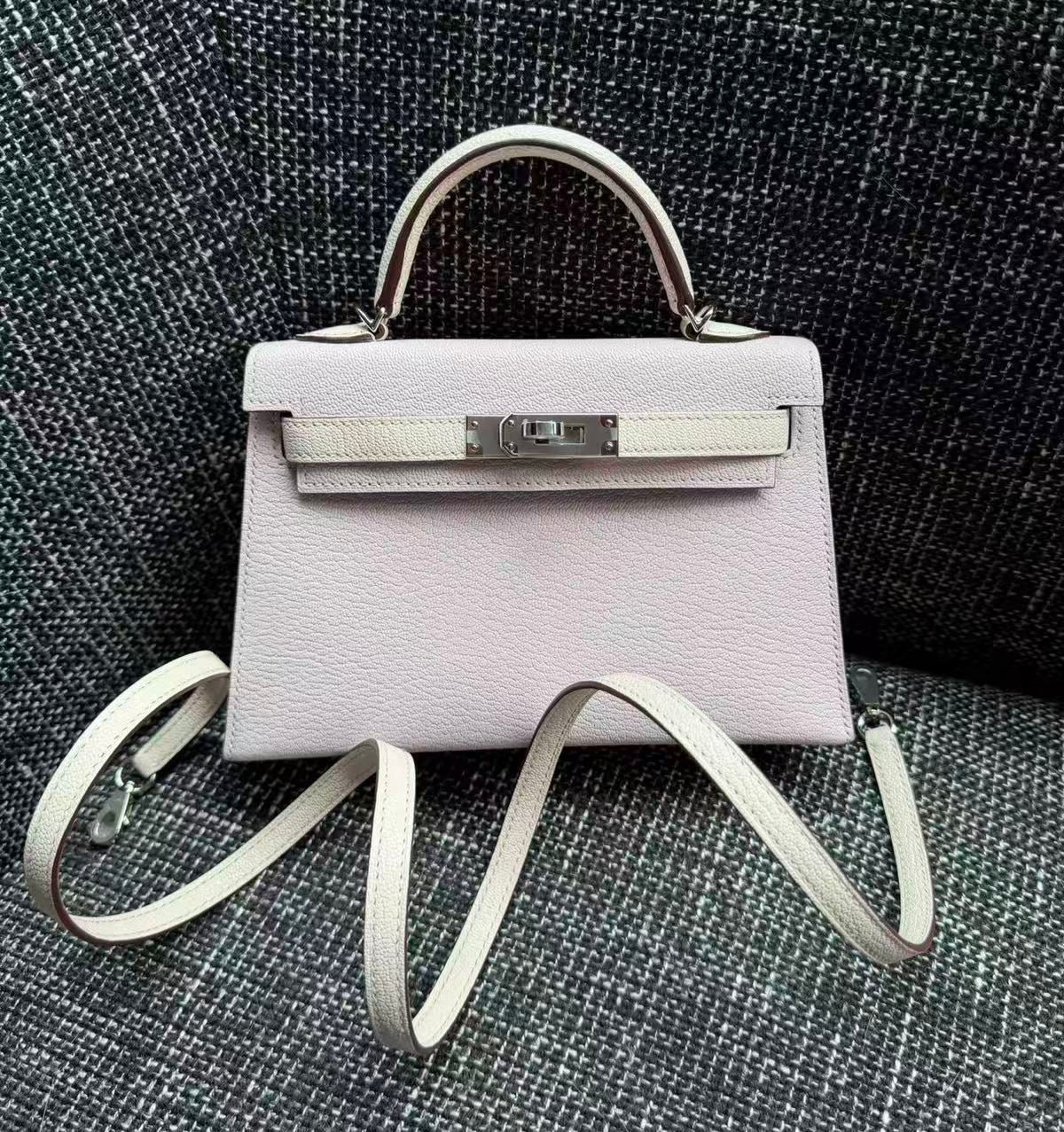 Rare Hermes Mini kelly 20 HSS mauve pale x nata Chevre leather palladium hardware