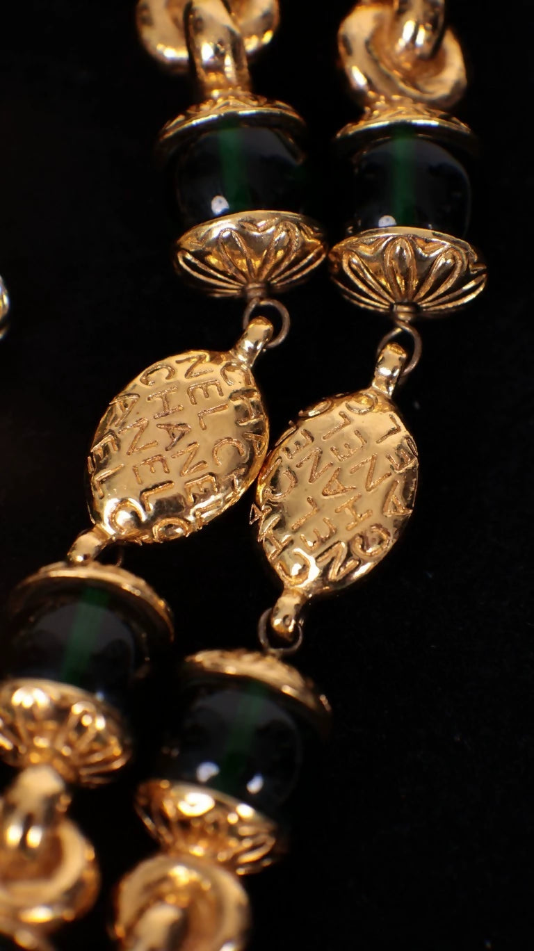 Vintage Chanel Emerald Green Glass and Plain Gold Long Necklace/Sweater Chain