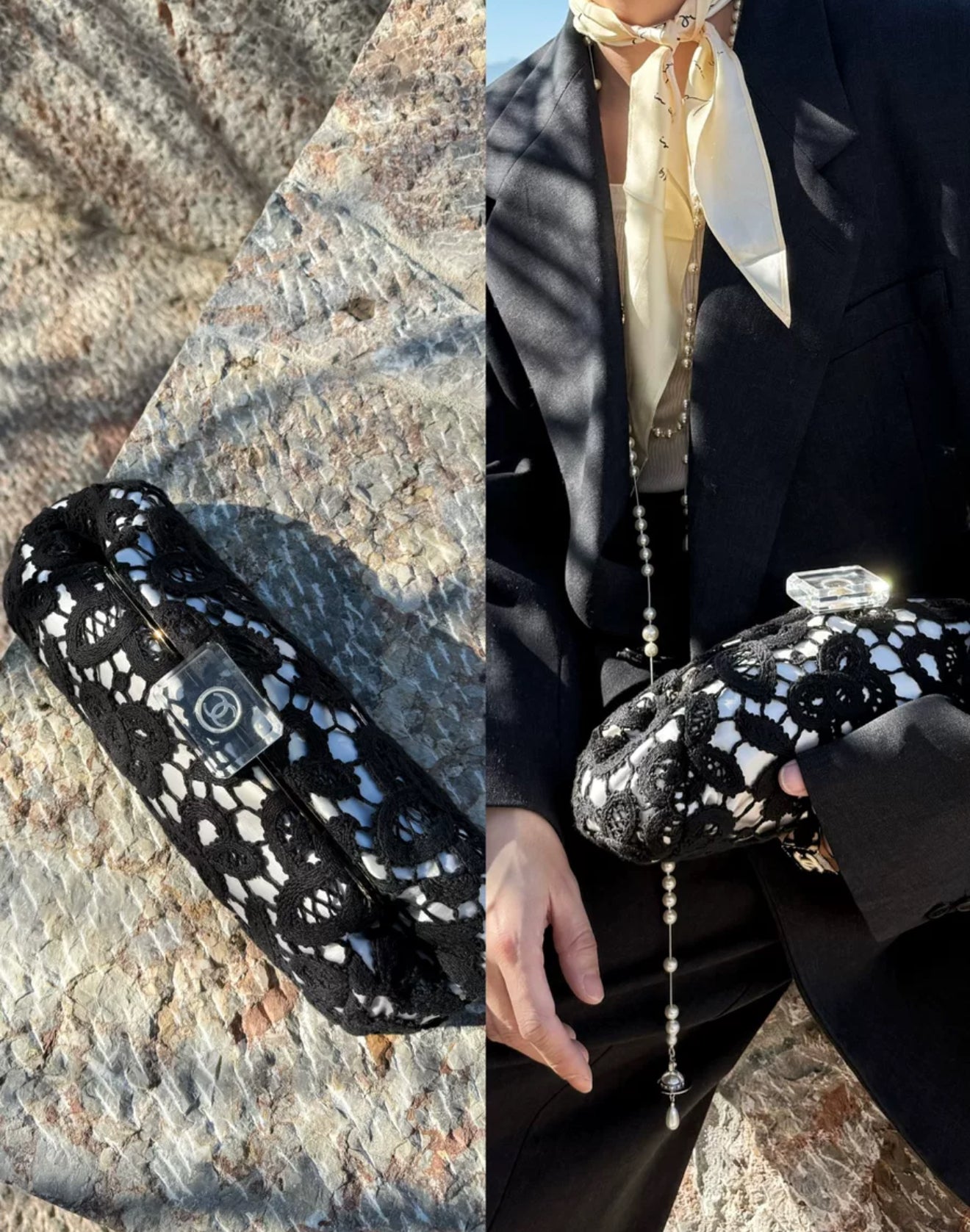 Chanel rare perfume bottle buckle lace evening bag