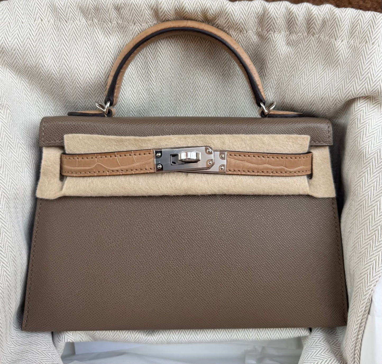 Hermes Mini Kelly 20 touch in etoupe Madame / chai matte alligator palladium hardware