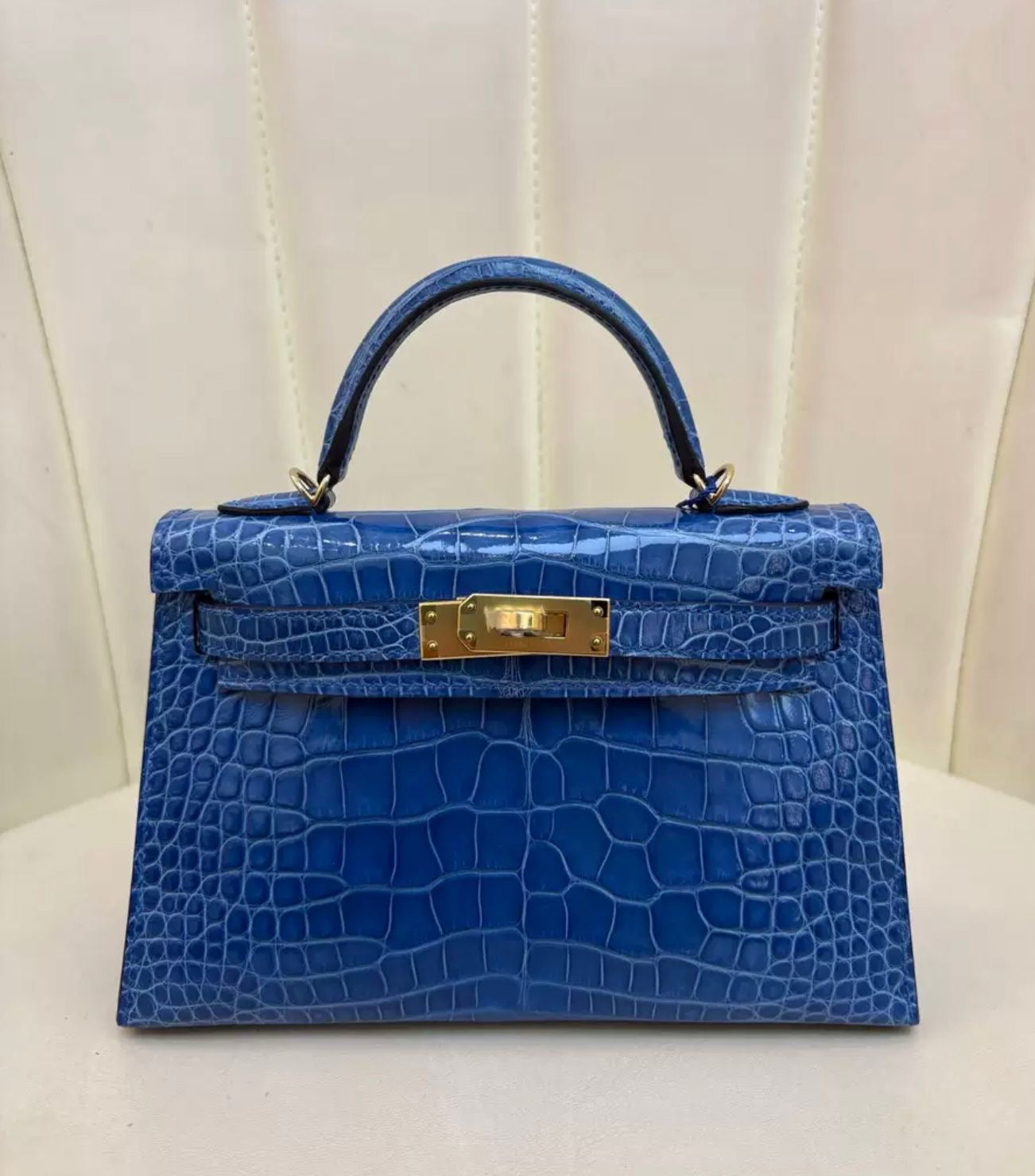 Hermes Mini Kelly 20 Blue Zellige Shiny crocodile leather gold