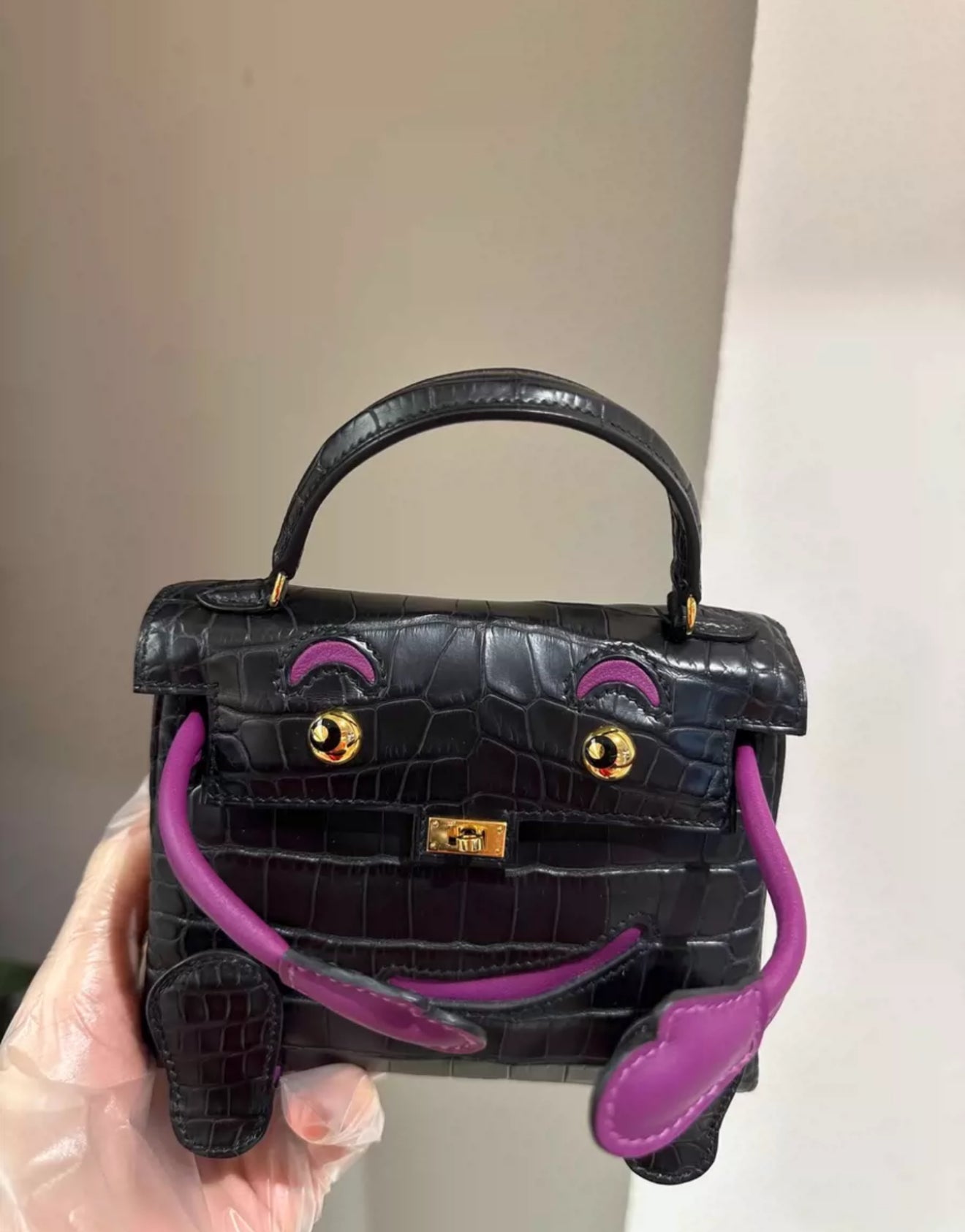 Hermes Kelly Doll Black & Anemone Purple Alligator Crocodile Gold Hardware