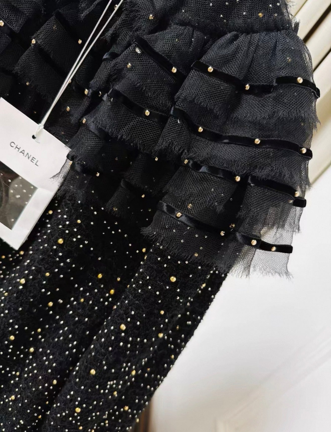 Chanel 21A black tweed mesh pearl sequinned long dress