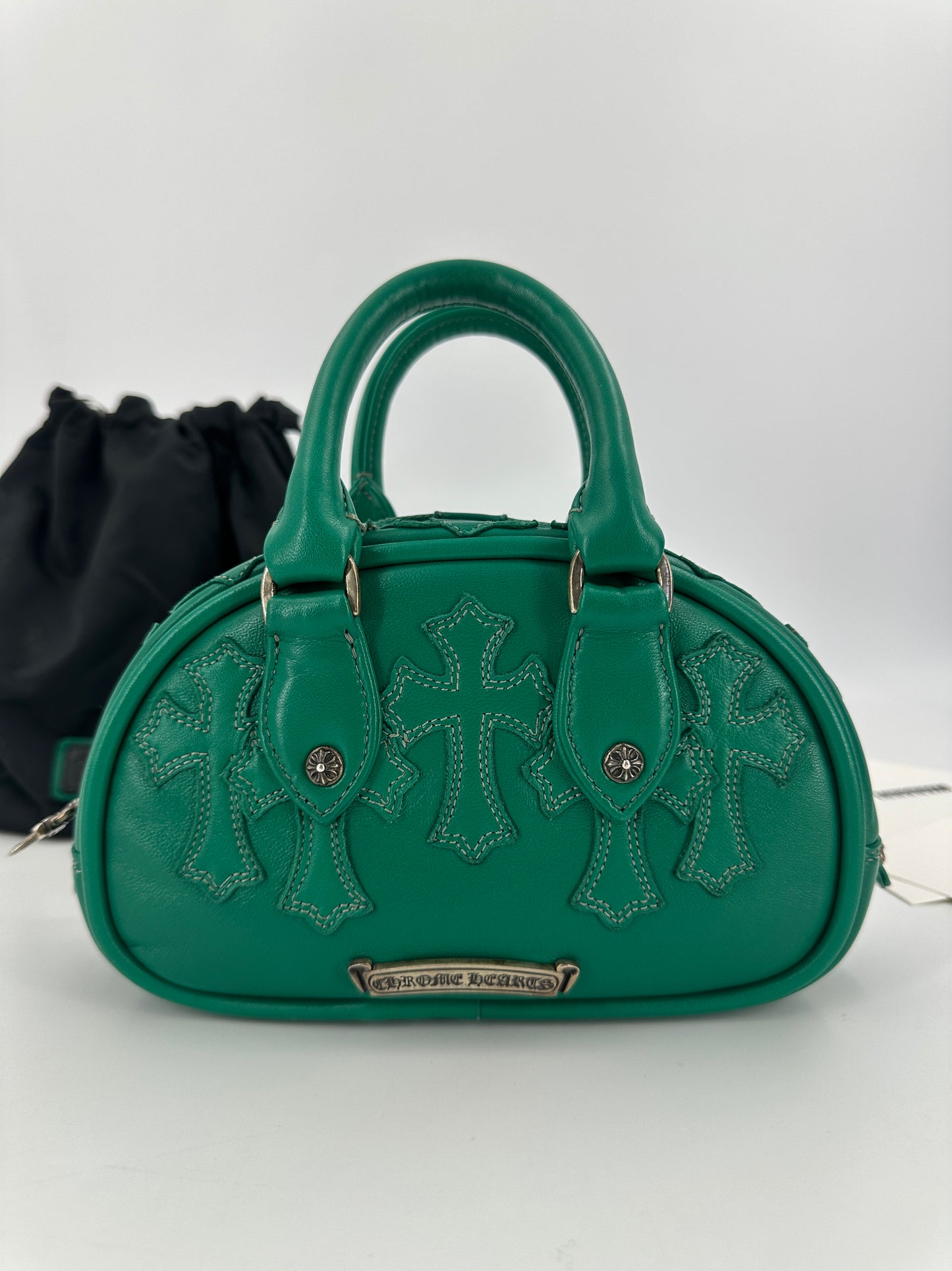 Chrome Hearts green leather cross embroidered small tote bag