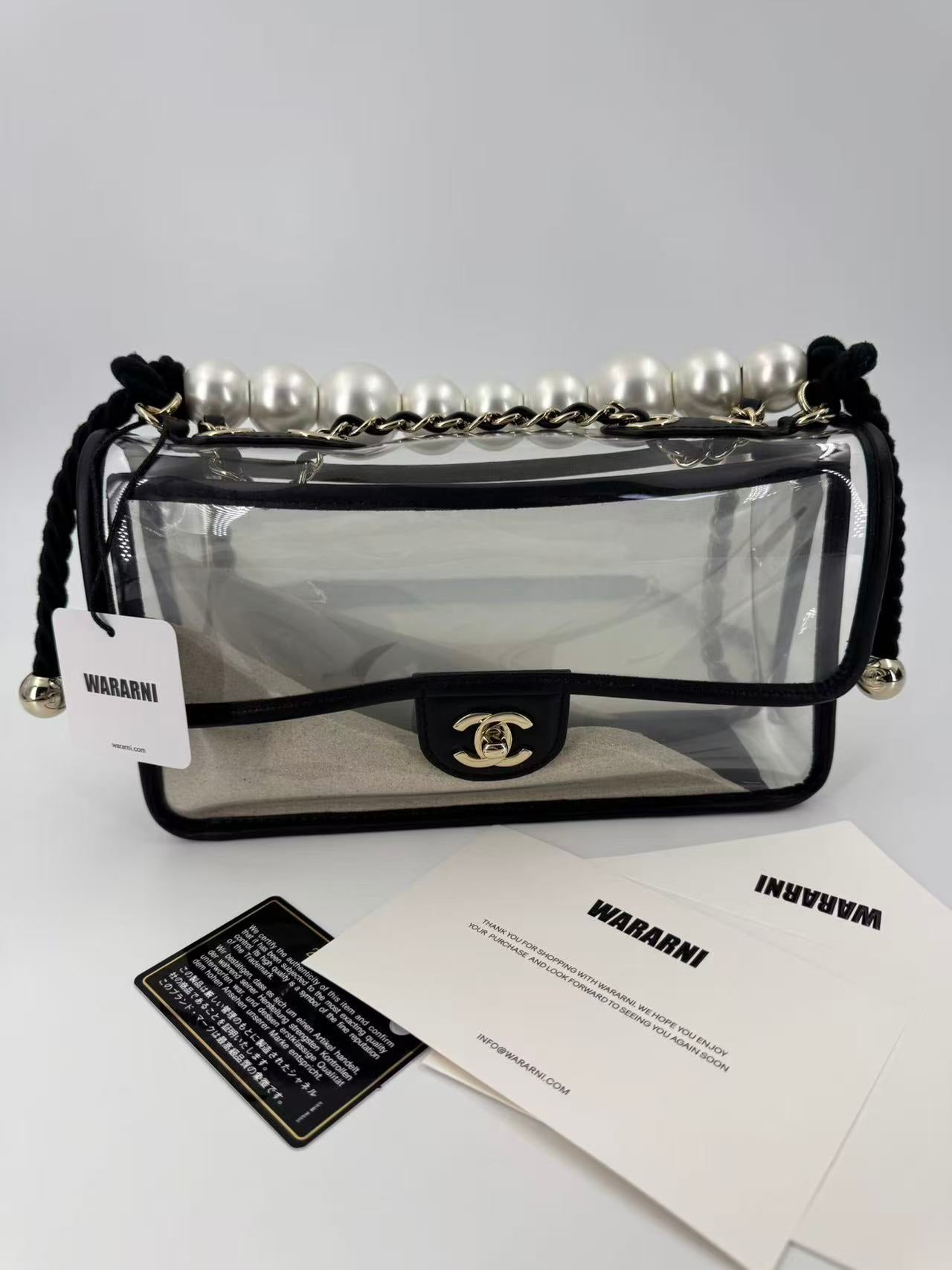 Chanel Lambskin PVC Sand By The Sea Flap Bag With Pearl Strap