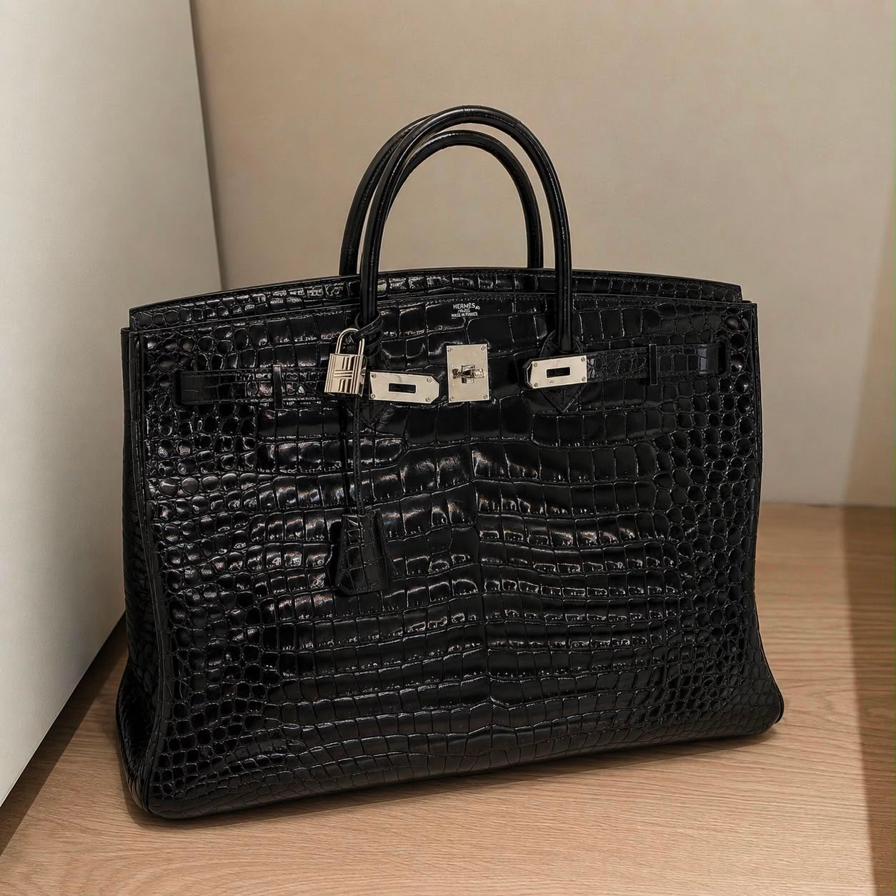 Hermes Birkin 50 Black shiny porosus crocodile leather palladium hardware