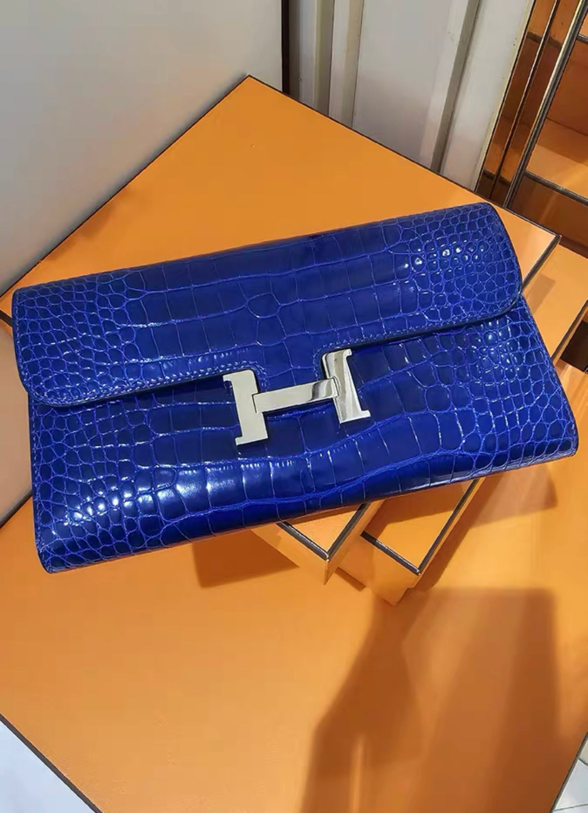 Hermes Constance Shiny Blue Wallet Alligator Long Palladium