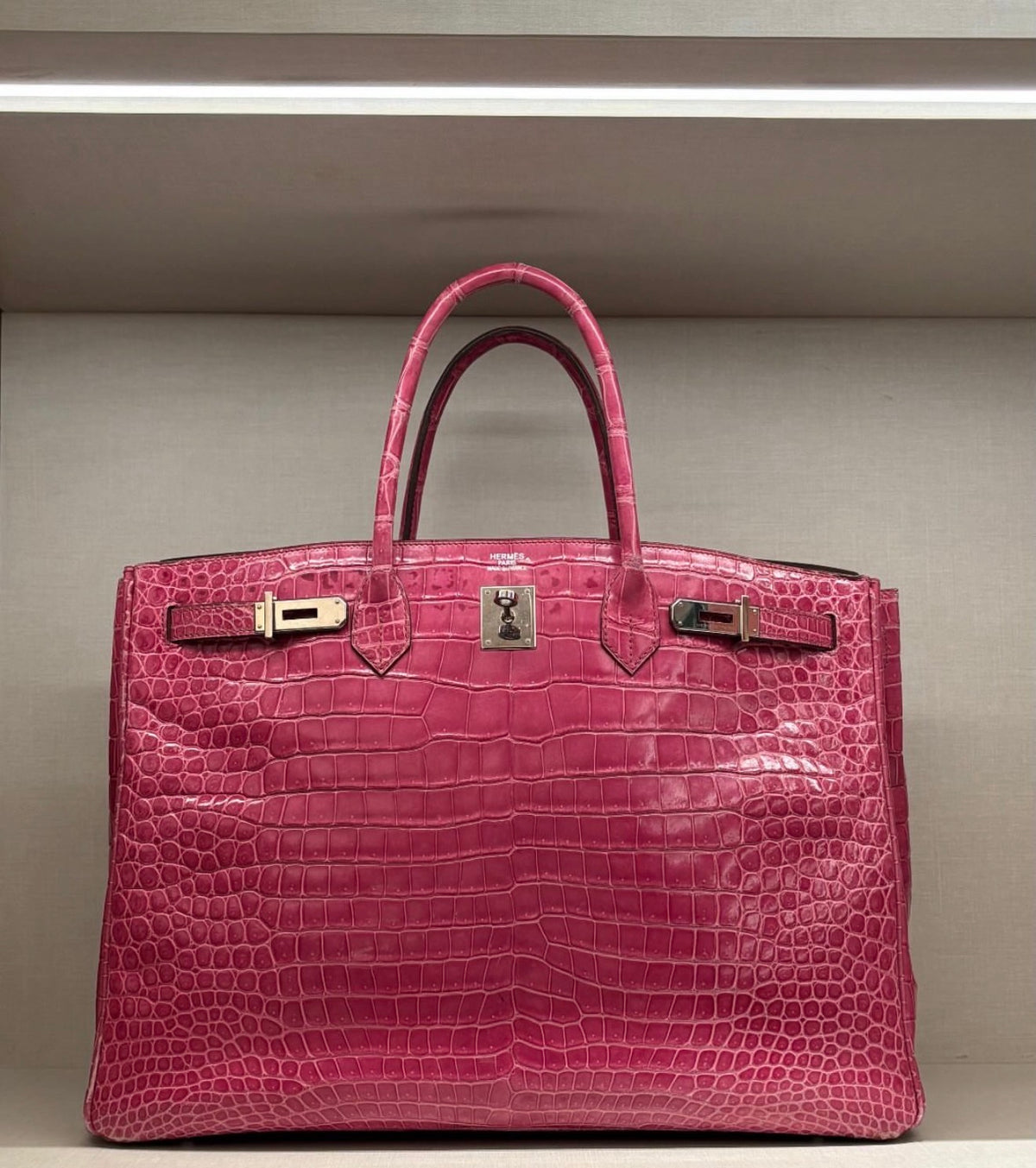 Hermes Birkin 40 Rose Scheherazade shiny crocodile leather palladium hardware