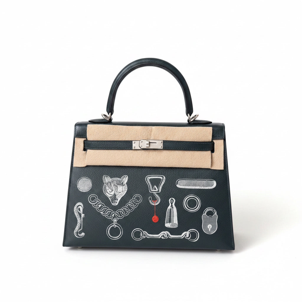Hermes Kelly 25 Broderie Inventaire Poetique black chèvre leather palladium hardware (Brand new 2026)
