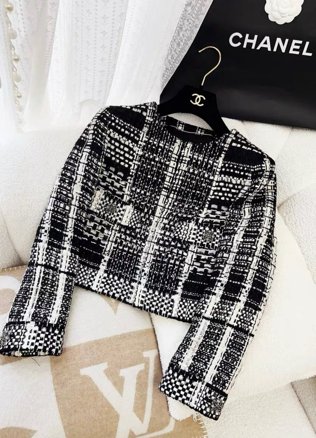 【美品✨】CHANELシャネル★ジャケット★ツイード★34★リボン シャネル ジャケット CHANEL ヴィンテージ ホワイト ブラック リボン