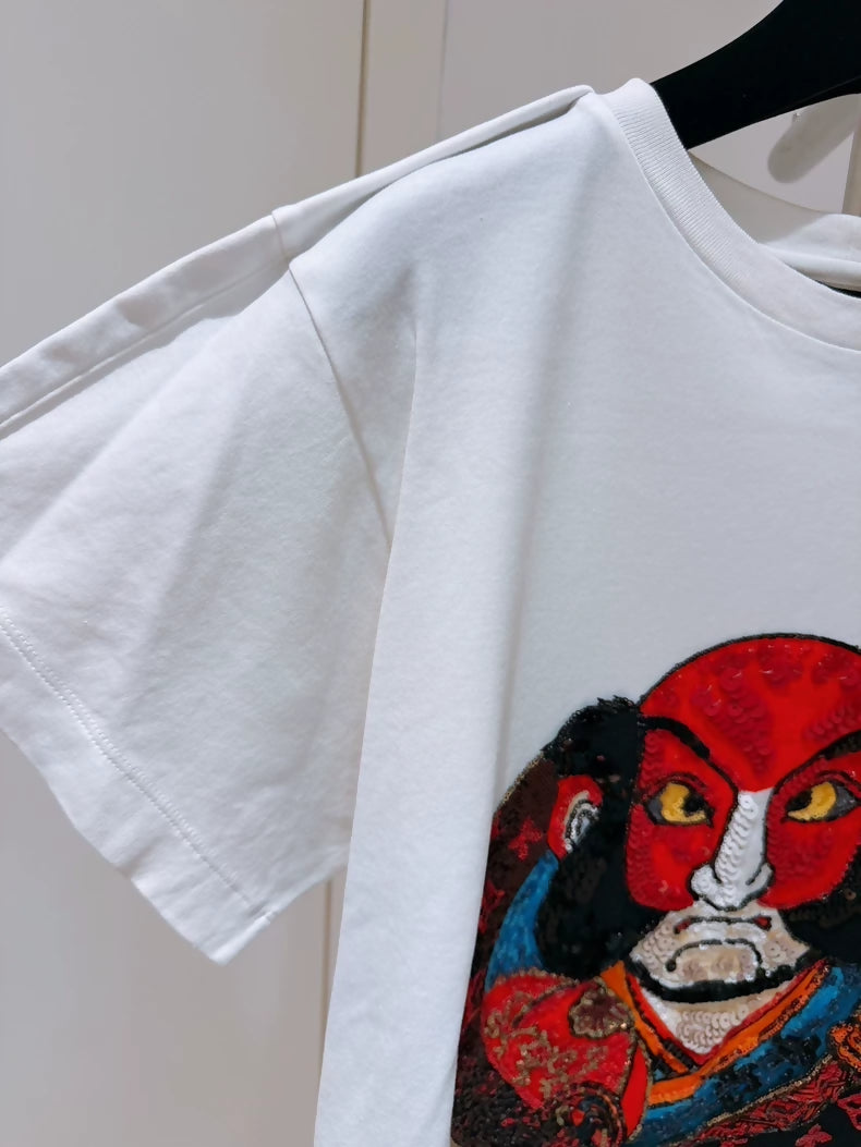 Louis Vuitton Yamamoto Kansai Limited Edition Daruma Face Sequin Embroidered Short-Sleeve T-Shirt