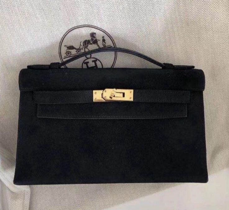 Rare HERMÈS KELLY DOBLIS MINI POCHETTE BLACK VEAU SUEDE