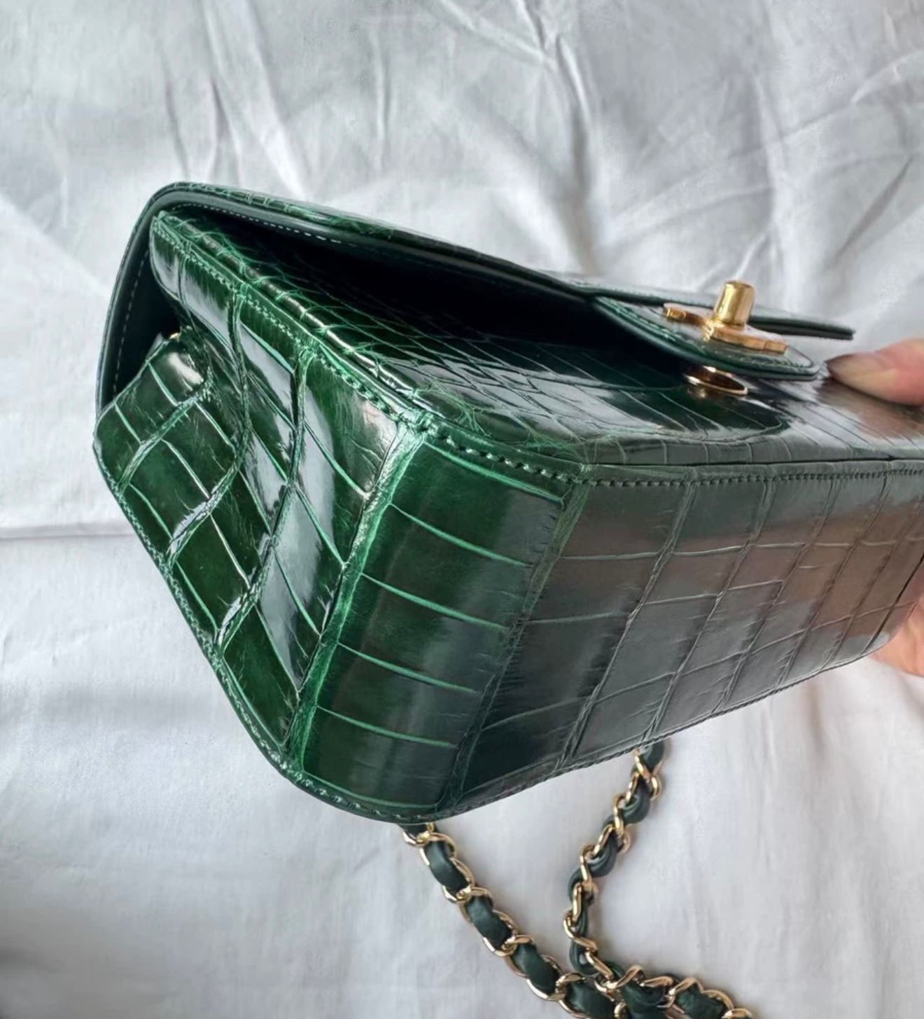 Chanel green alligator leather gold hardware mini flap bag