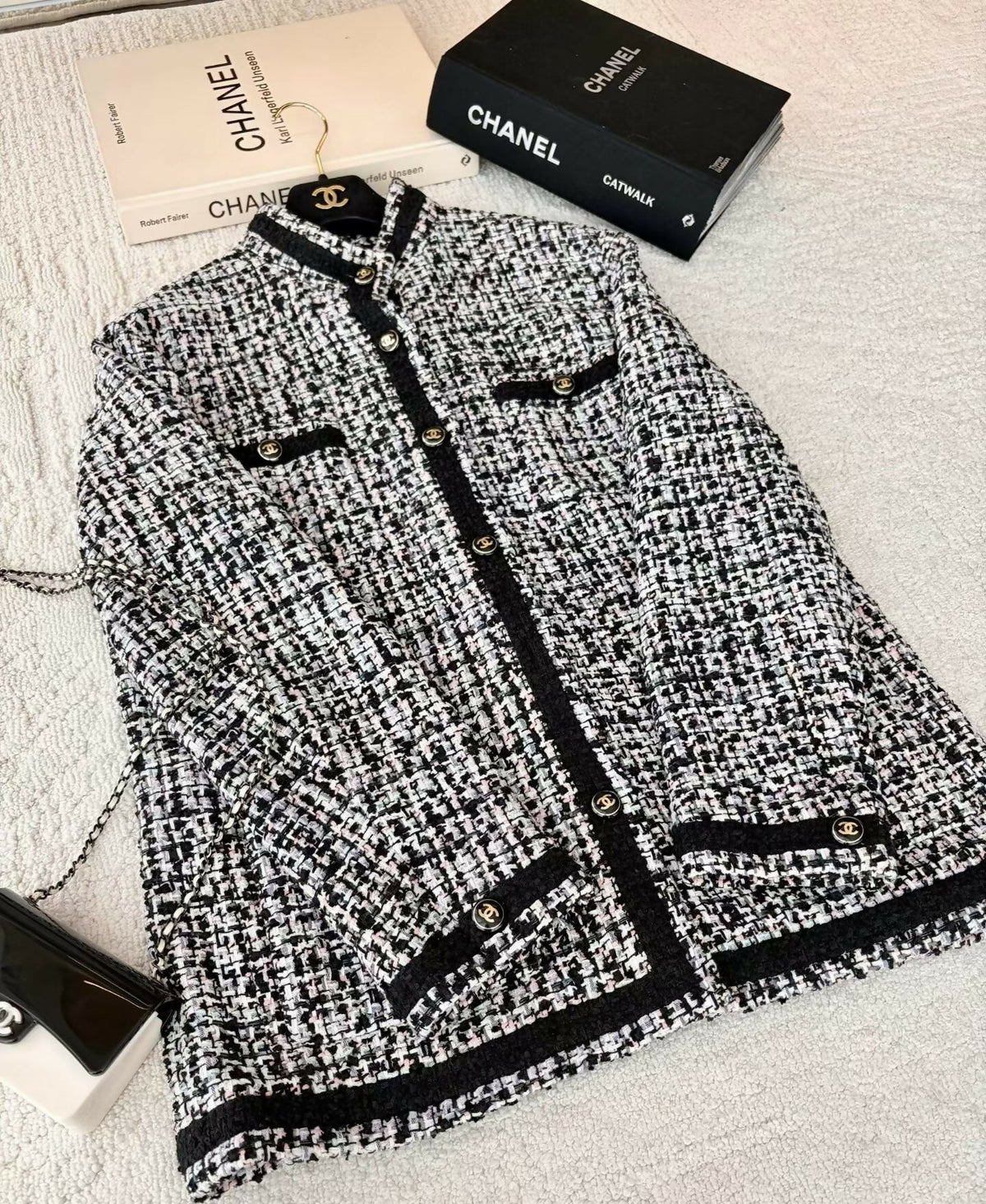 Chanel 23P Black and White Stand Collar Woven Tweed Jacket
