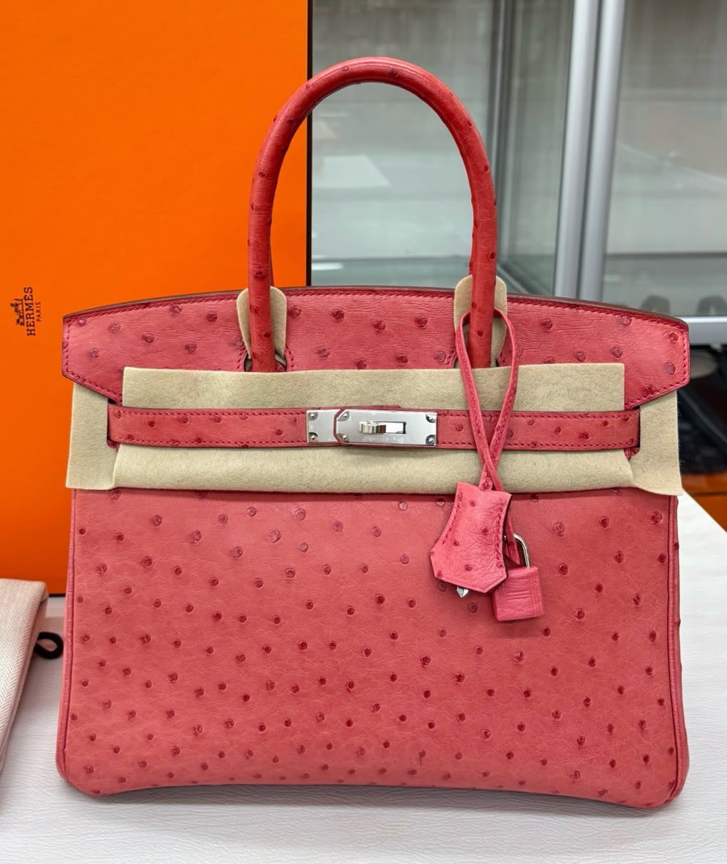 Hermes Birkin 30 ostrich Bougainvillea leather palladium hardware