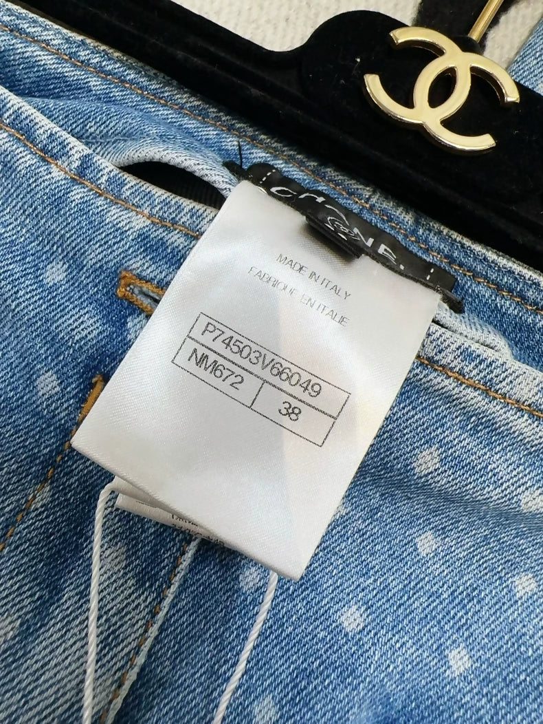 Chanel 23P light blue straight-leg jeans, all-over double C polka dot print