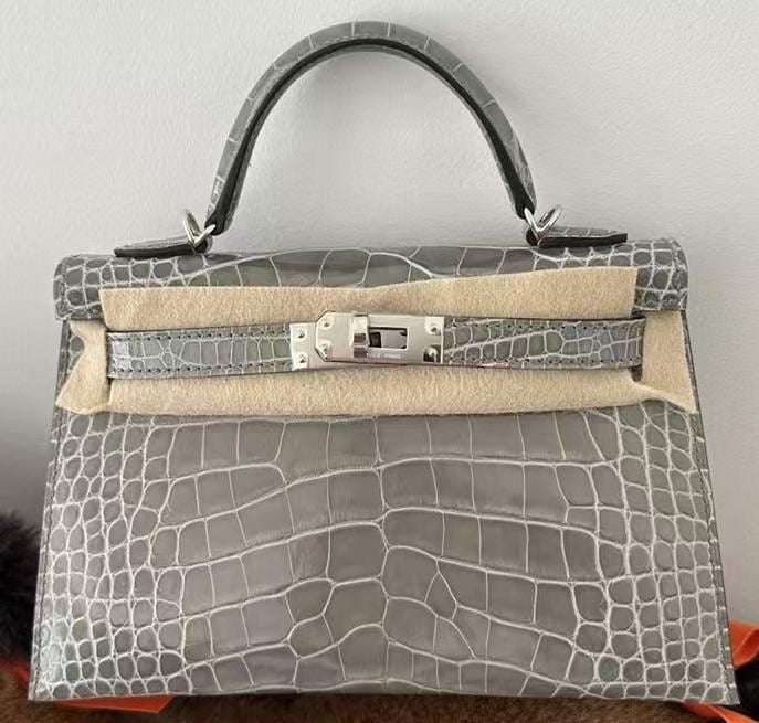 Hermes mini kelly 20 Gris ciment shiny alligator palladium hardware