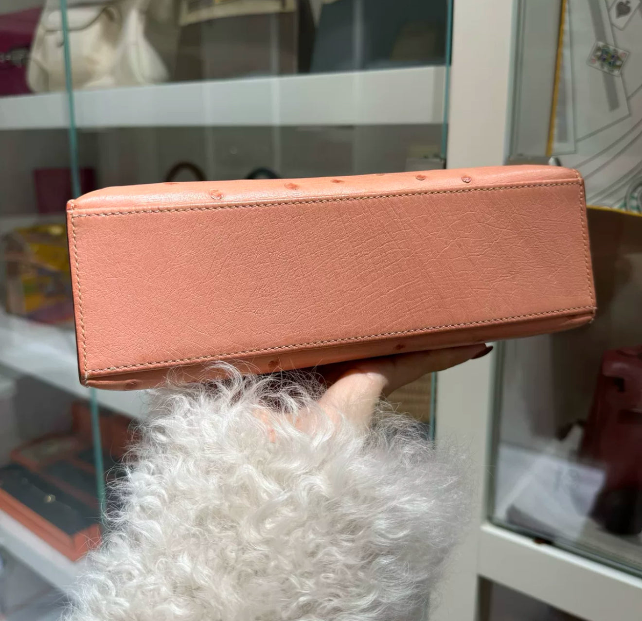 Hermes Kelly Pochette Pink Terre Cuite Ostrich Leather Palladium Hardware