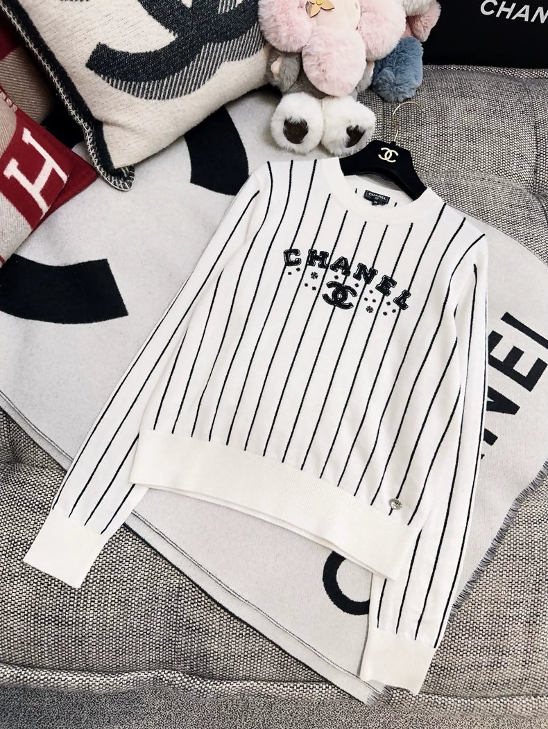 Chanel 23p white and black Striped Cashmere Sweater