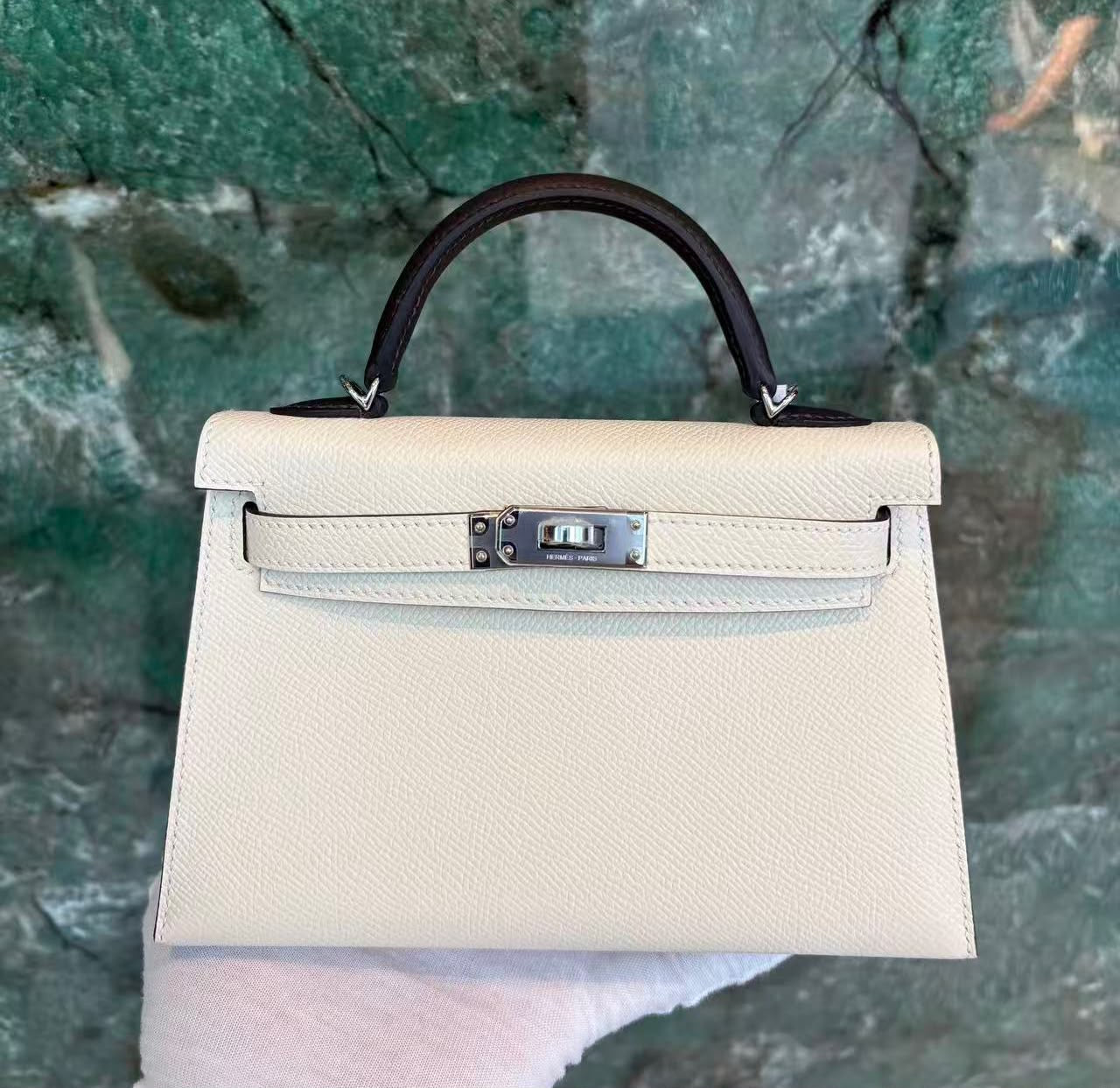 Hermes mini Kelly 20 tricolor nata / black / dune epsom palladium hardware