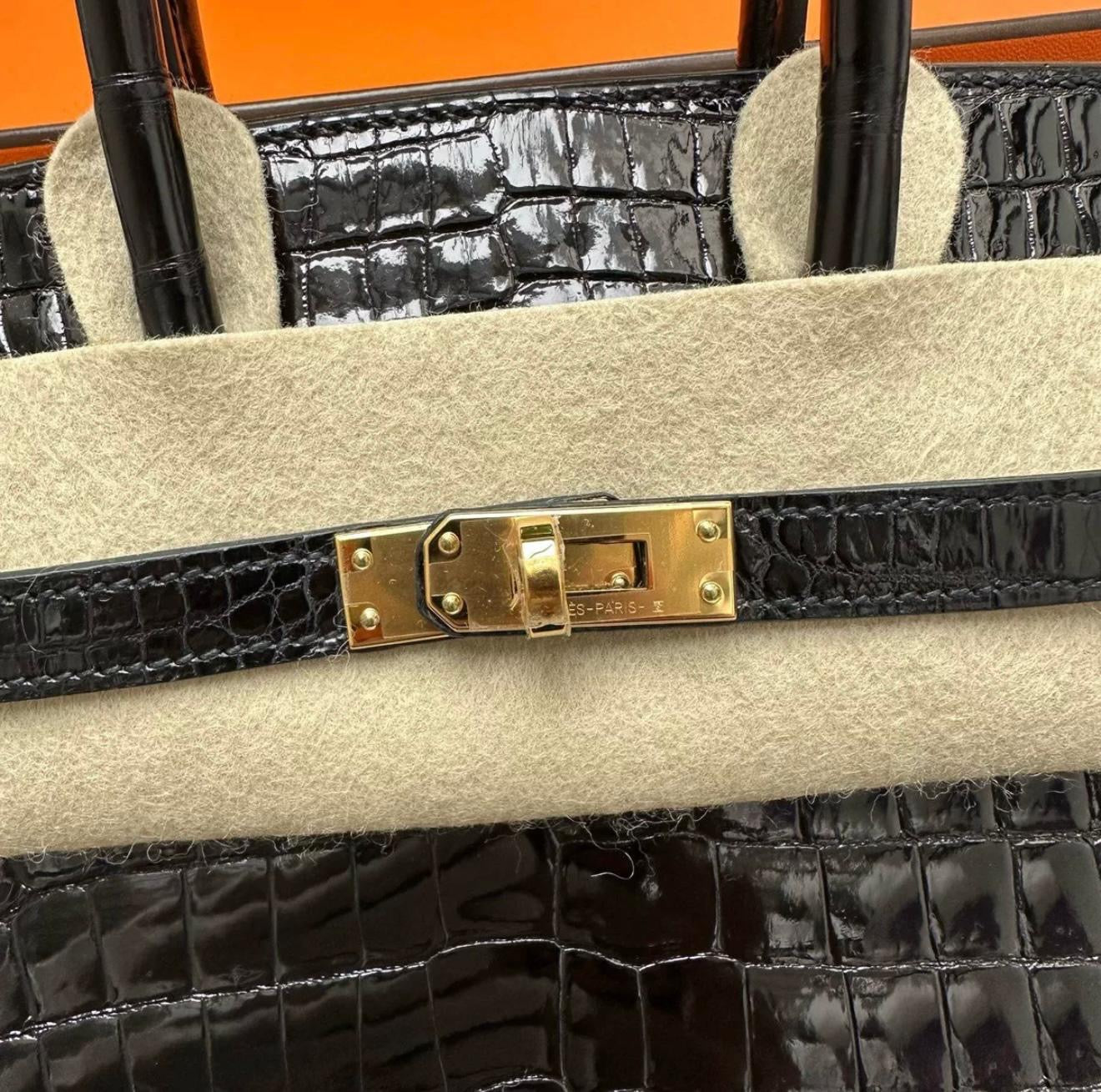 Hermès Birkin 25 Black Shiny Porosus Crocodile Gold Hardware