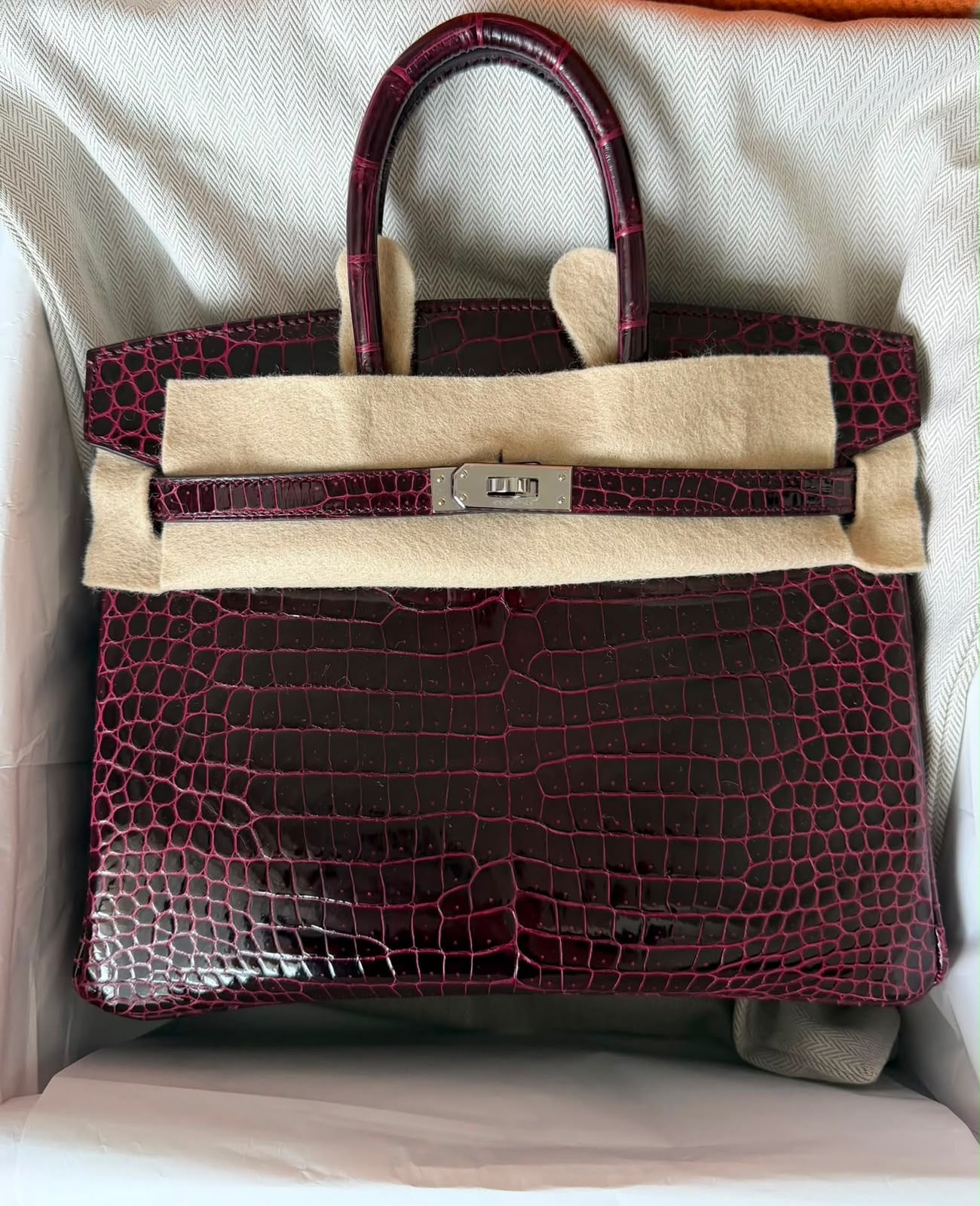 Hermes Birkin 25 Bordeaux shiny porosus palladium hardware