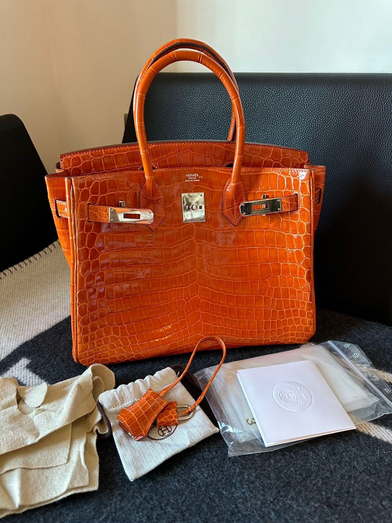 Hermes Birkin 35 Orange Shiny Crocodile Leather Palladium Hardware