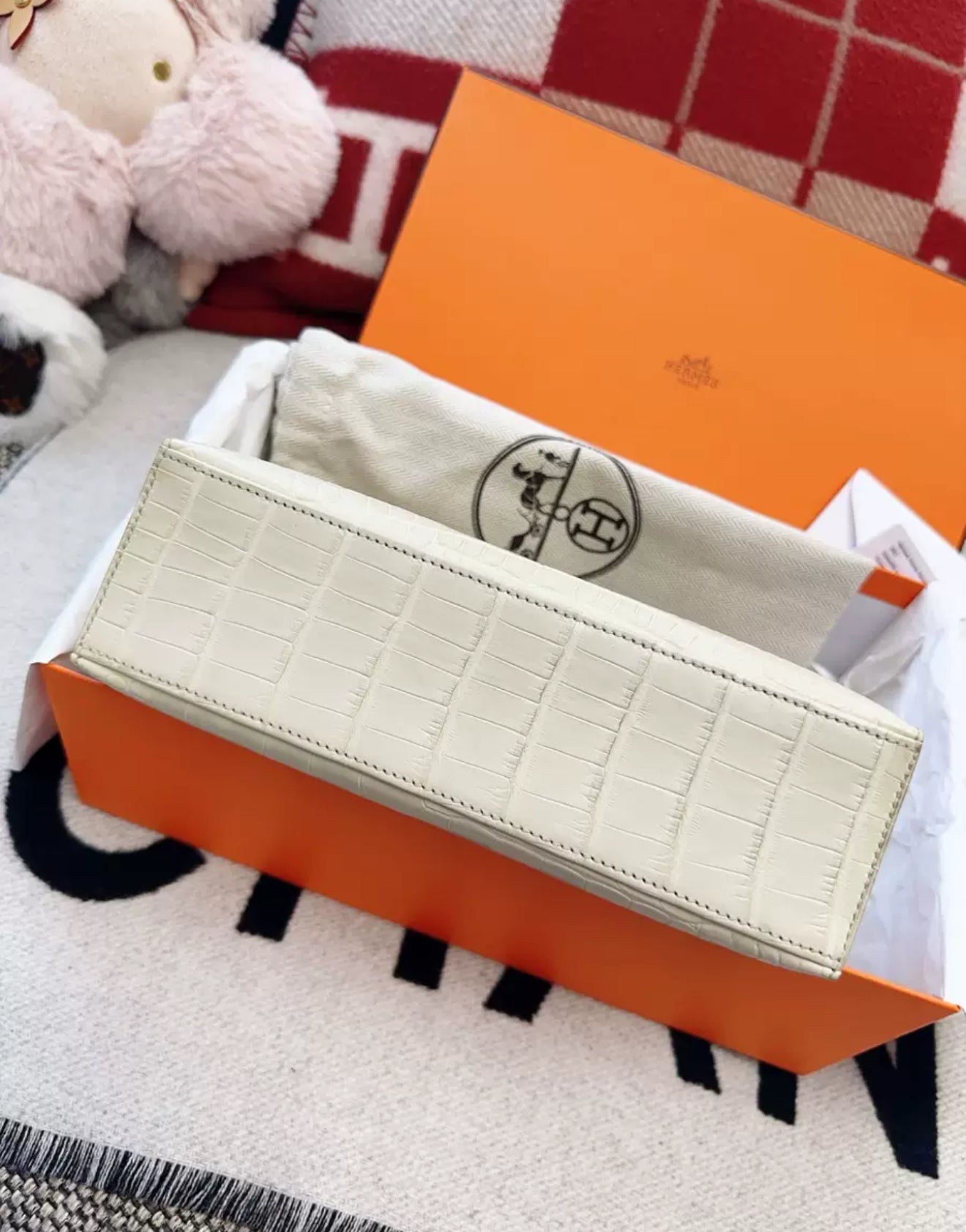 Hermes Kelly Pochette White Matte Crocodile Leather Palladium Hardware
