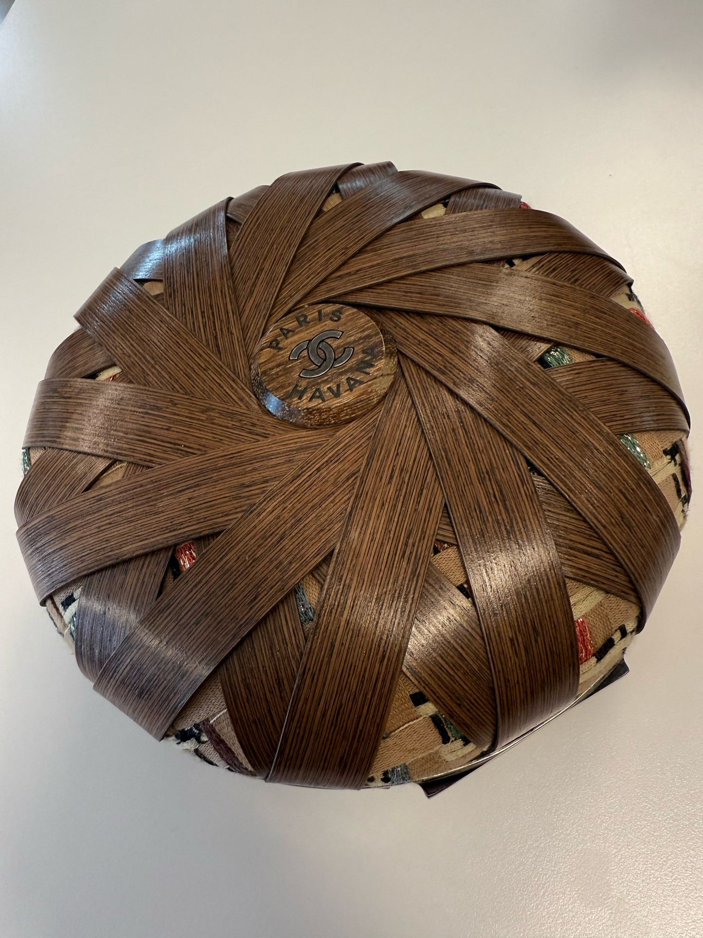Rare Chanel “Havana By Night” Round Woven Wood and Tweed Minaudière