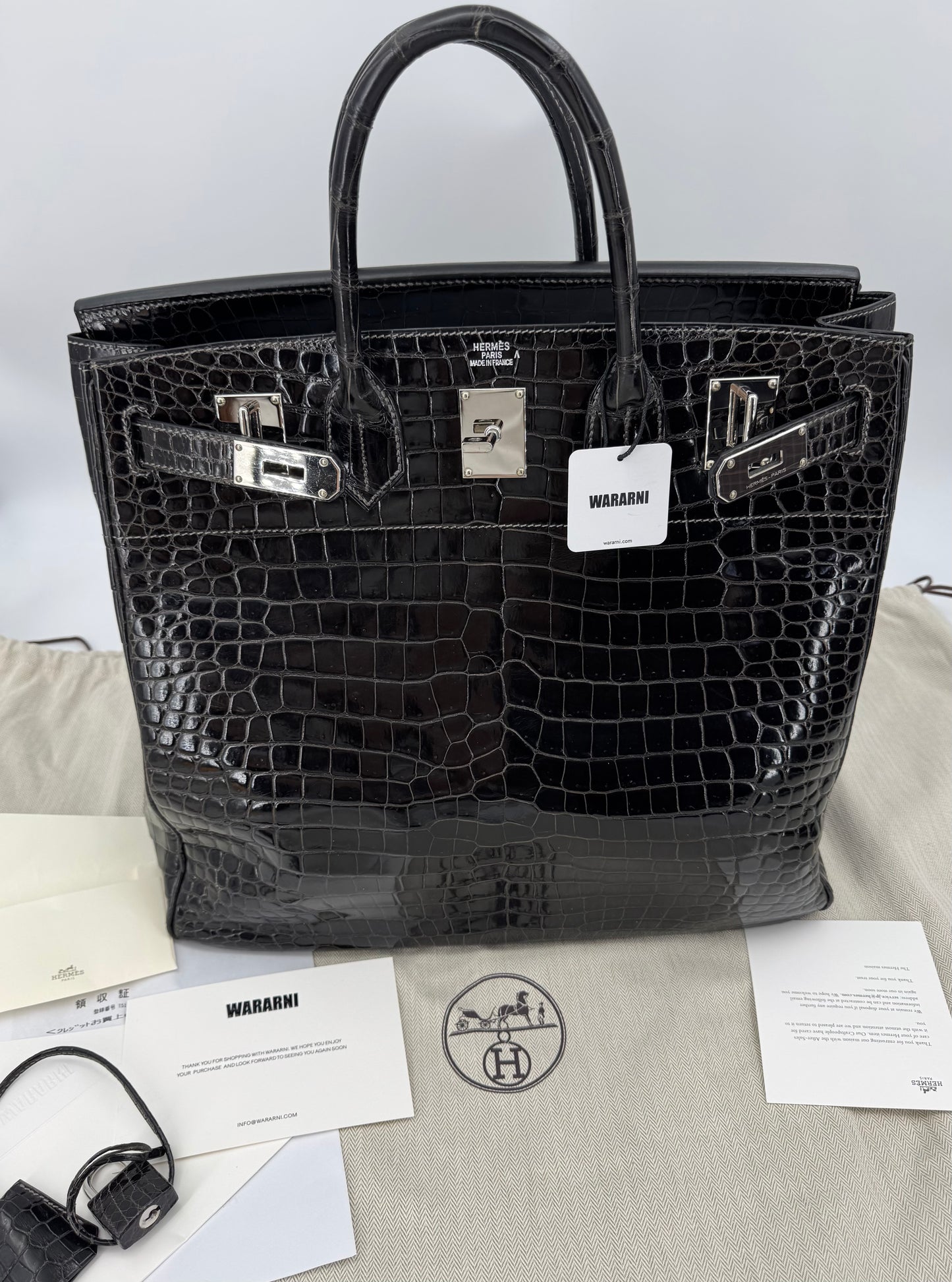 Rare Hermès Birkin HAC 40 Black Shiny Porosus Crocodile Leather Palladium Hardware