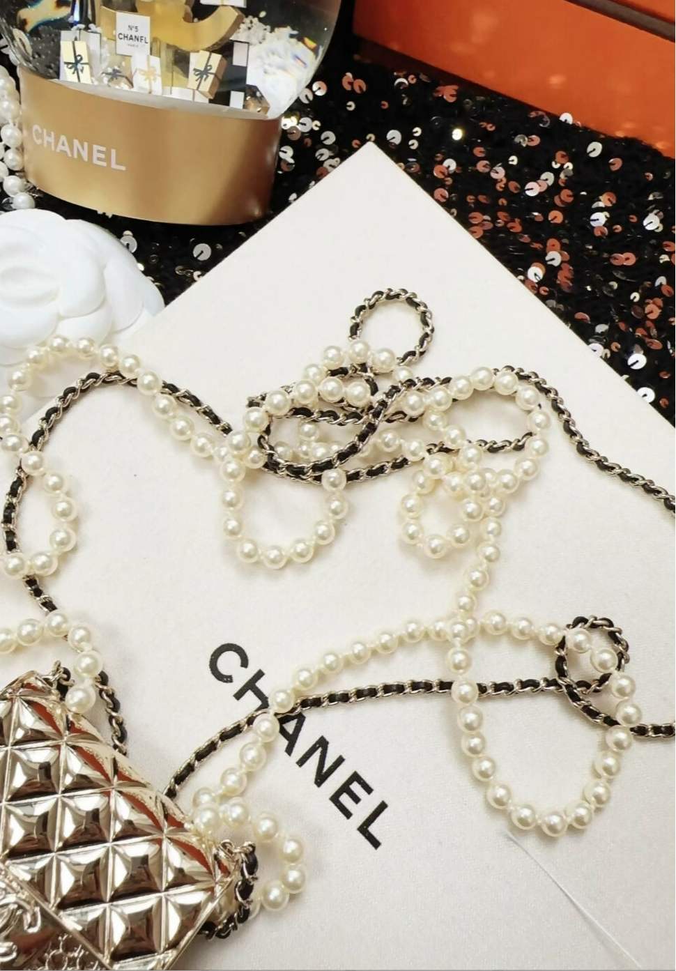 Chanel 21SS Silver Metal, Black Leather, and Imitation Pearl Classic Flap Micro Bag Necklace