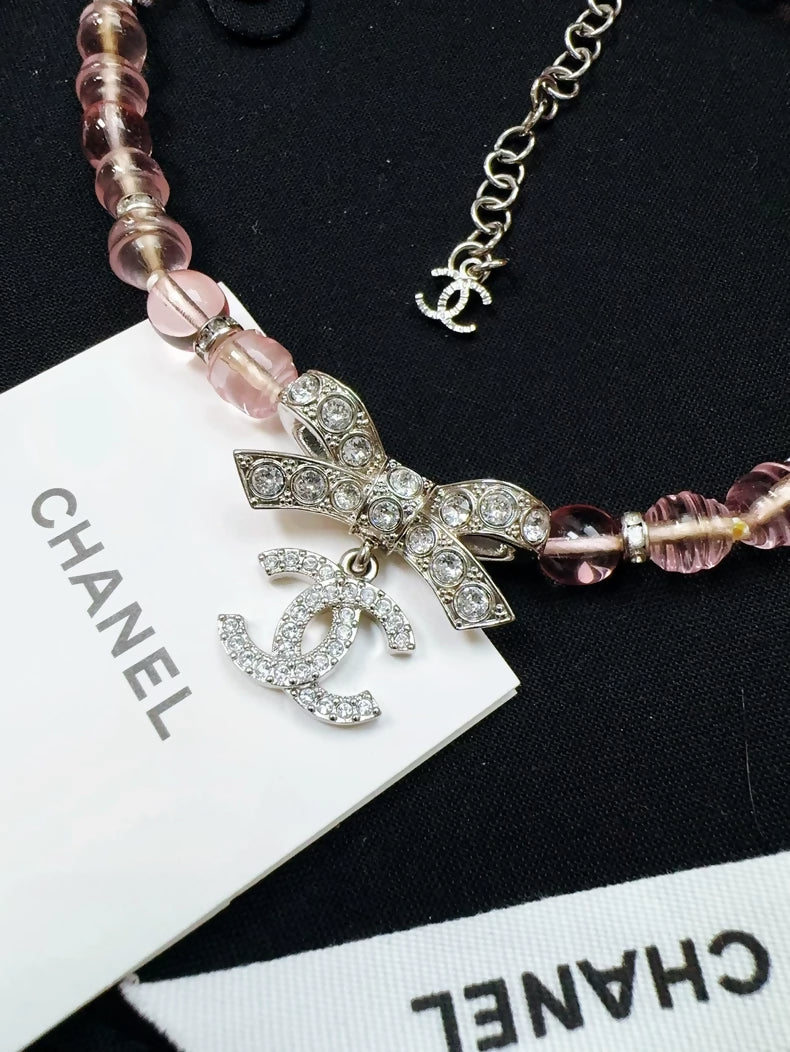 Chanel 23S full diamond bow double C pendant pink glass choker necklace