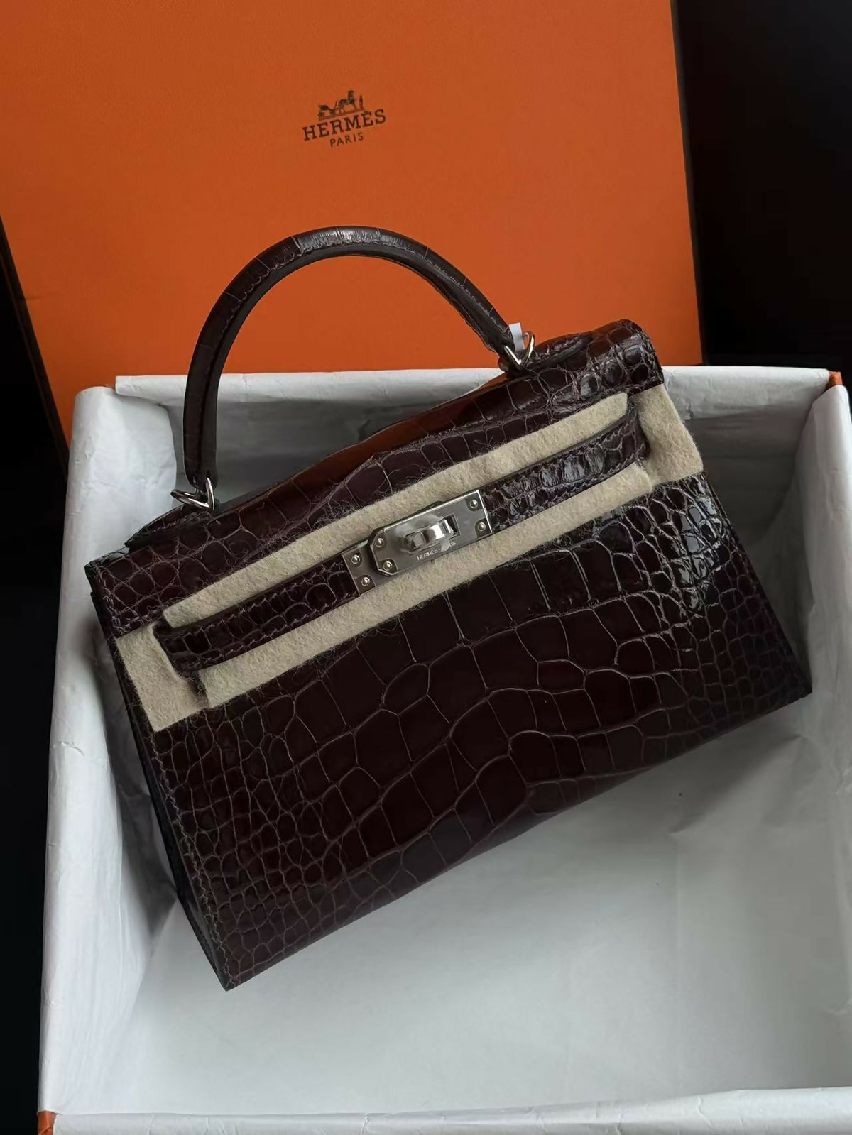 Hermès Mini Kelly II (Kelly 20) Havane (41) Shiny Alligator with Palladium Hardware