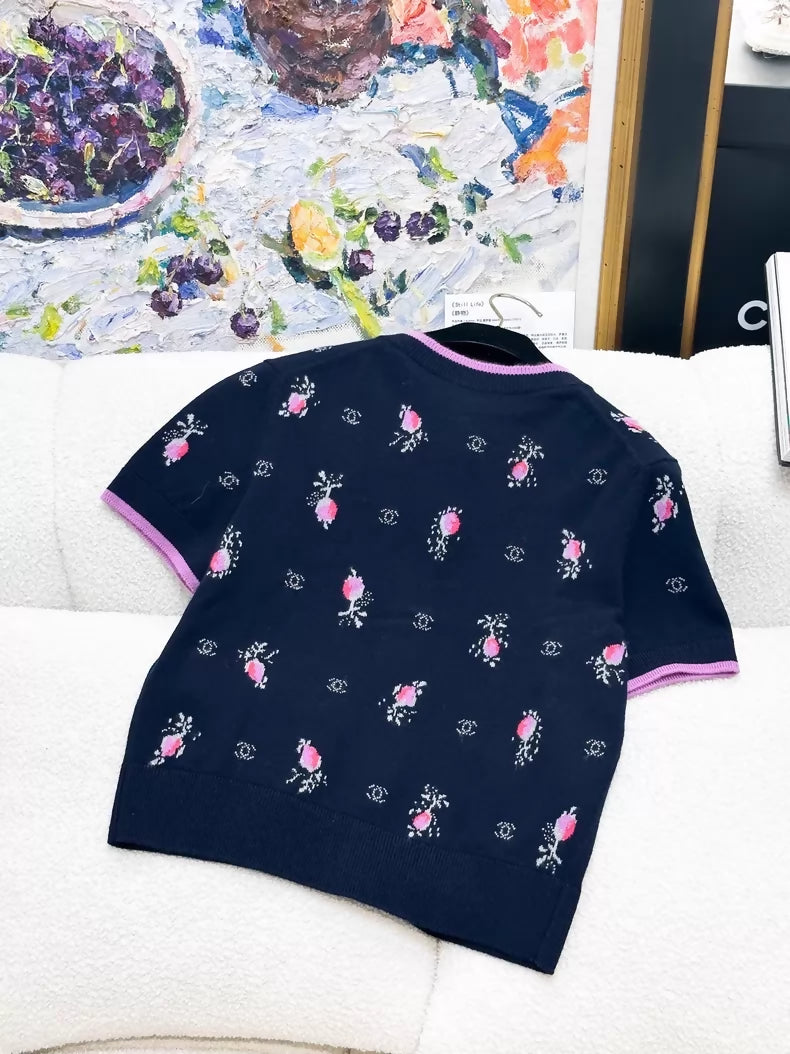Chanel 22K Dark Blue-Purple Floral Cashmere Knit cardigan and Skirt set