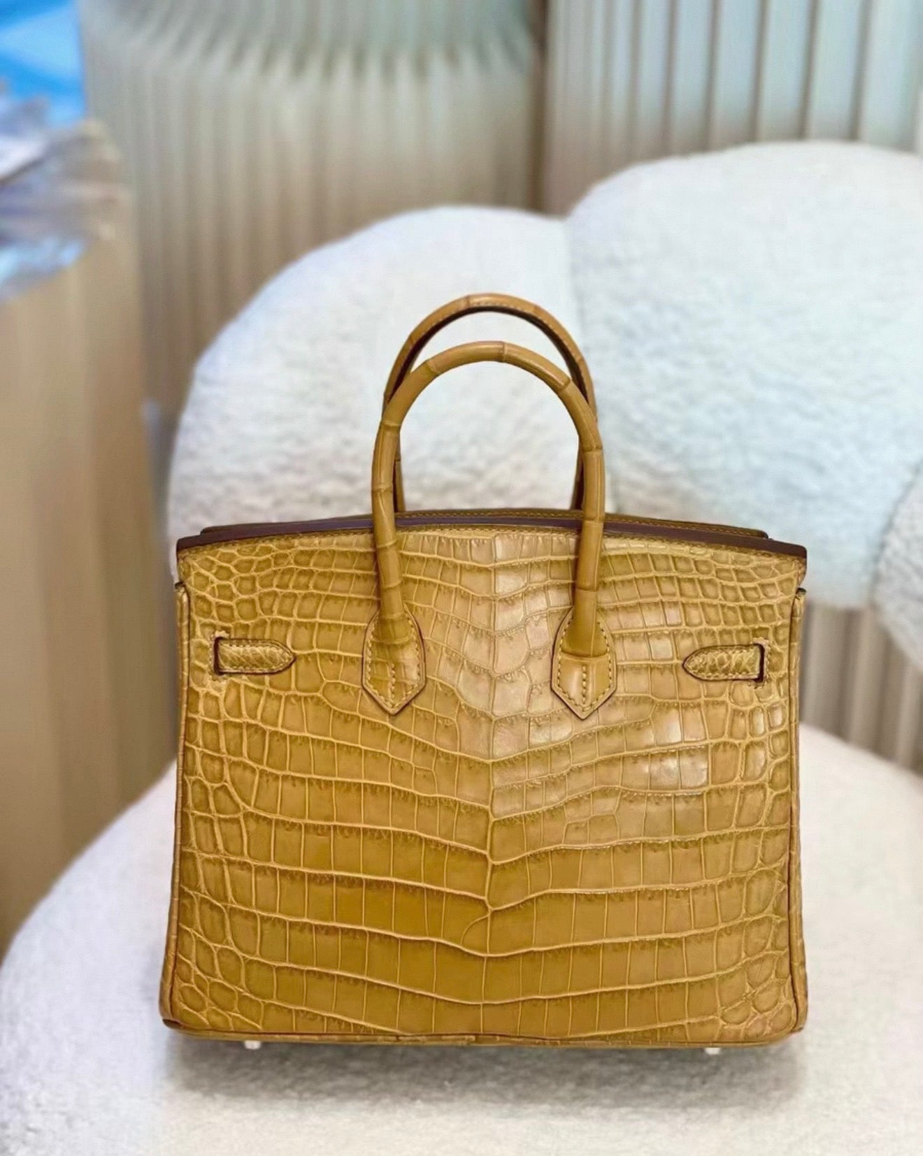 Hermes Birkin 25 Marigold yellow matte crocodile leather palladium hardware