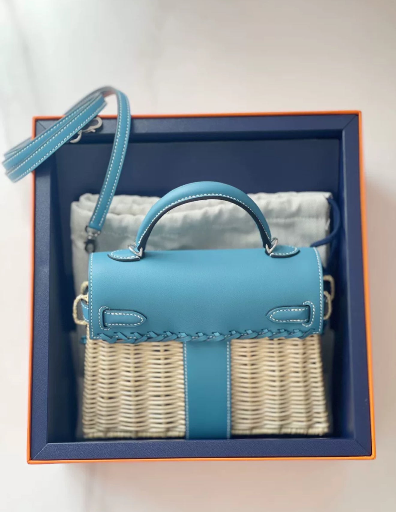 Hermès Kelly II Sellier Mini Picnic Bleu Jean Swift Leather Palladium Hardware
