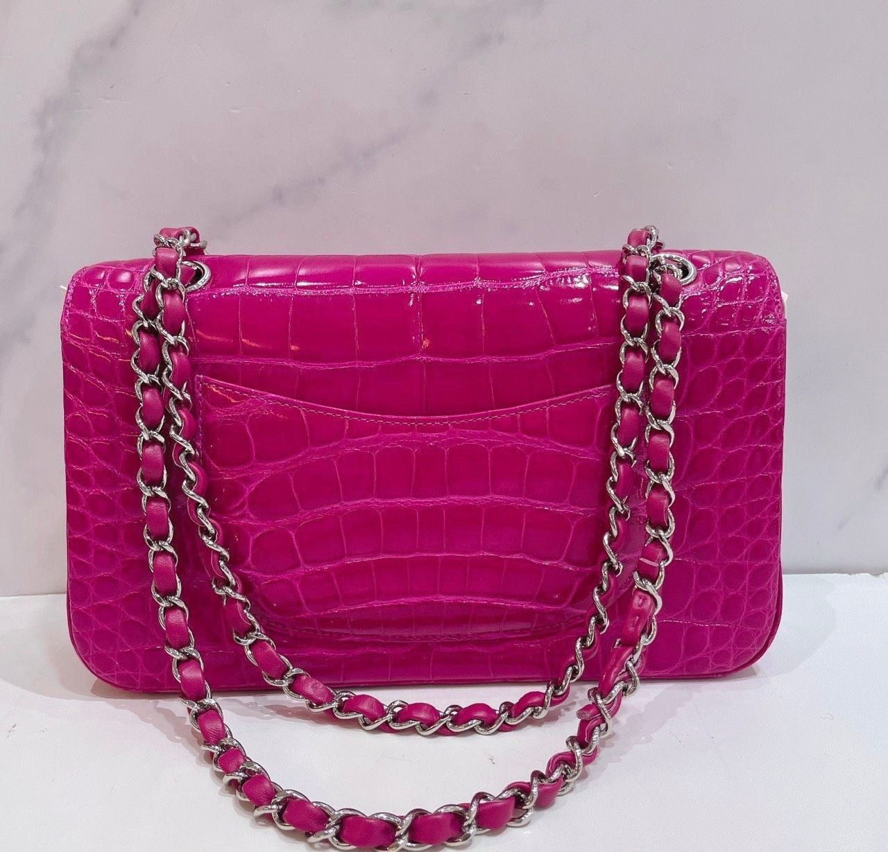Chanel pink alligator leather medium flag silver hardware