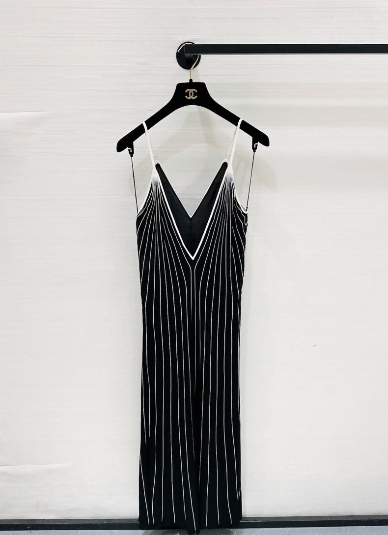 Chanel Coco Beach collection black and white striped V-neck maxi dress, size F36