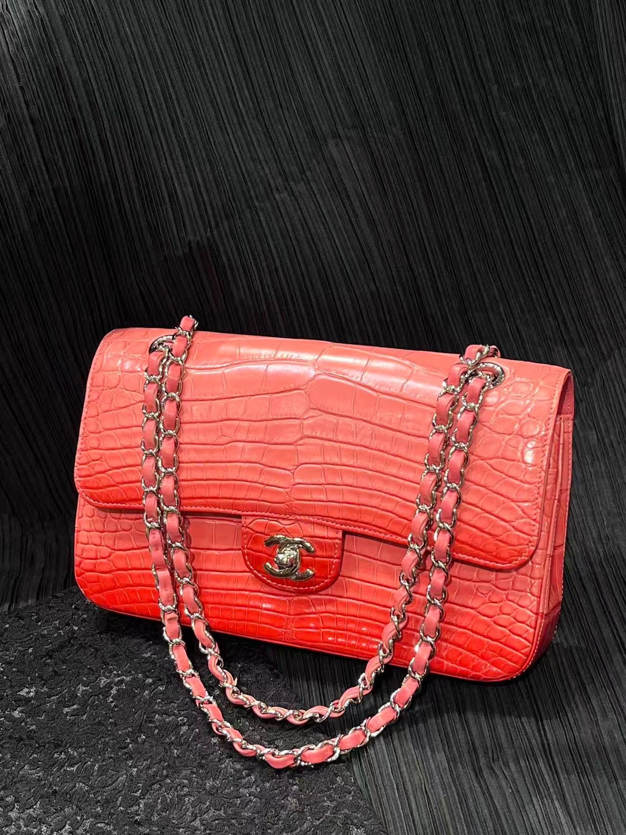 Chanel pink crocodile leather medium flap silver hardware